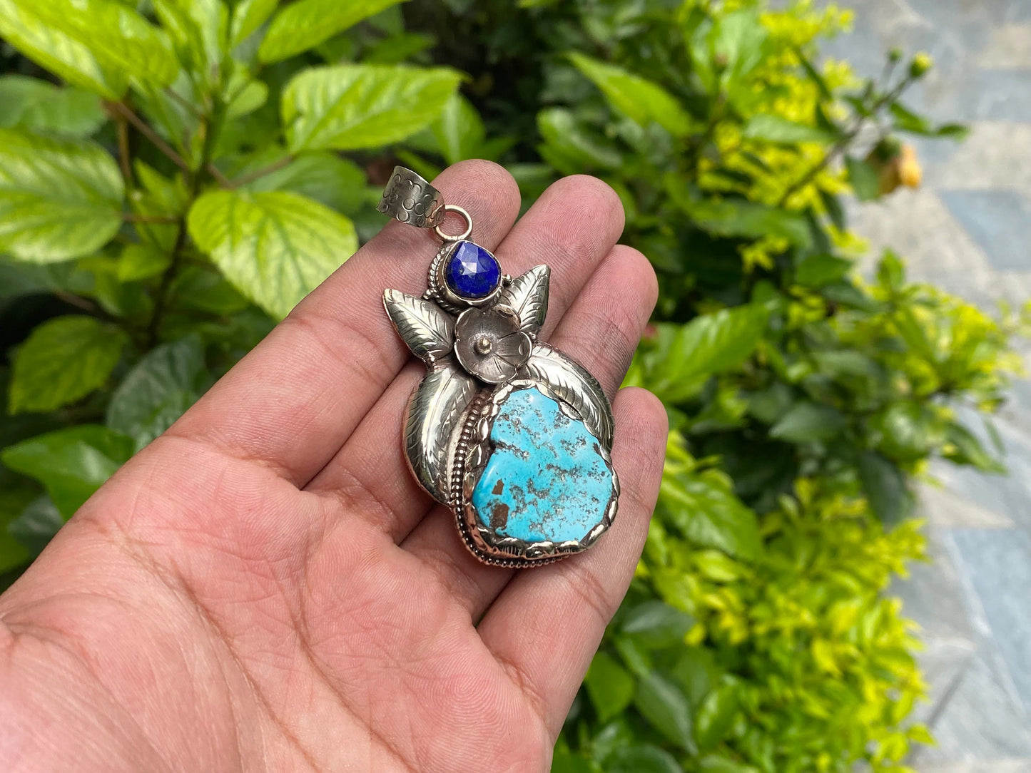 Beautiful Nature Inspired Natural Turquoise Pendant adorned with Raw Lapis Stone & Tibetan Silver, Mother Nature Beauty, Aesthetic Fashion.