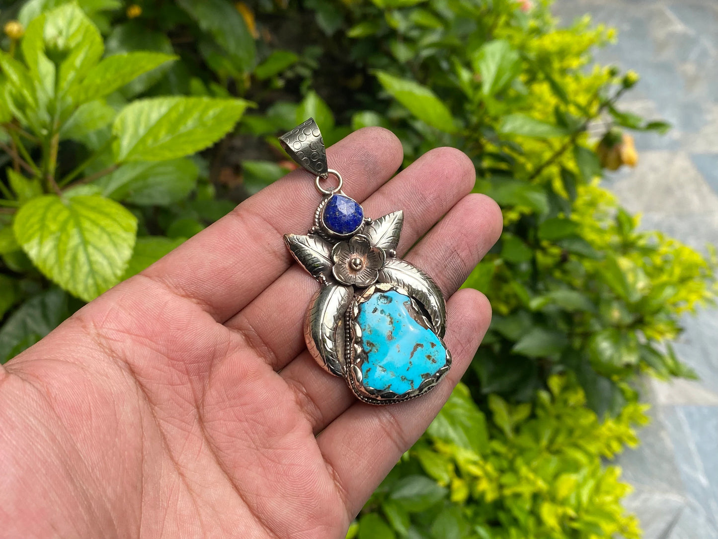 Beautiful Nature Inspired Natural Turquoise Pendant adorned with Raw Lapis Stone & Tibetan Silver, Mother Nature Beauty, Aesthetic Fashion.