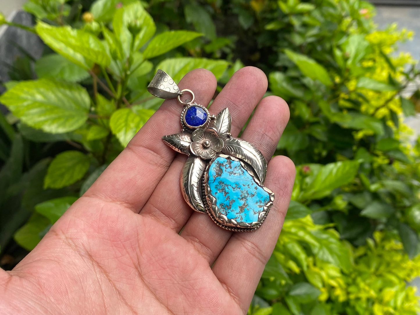 Beautiful Nature Inspired Natural Turquoise Pendant adorned with Raw Lapis Stone & Tibetan Silver, Mother Nature Beauty, Aesthetic Fashion.