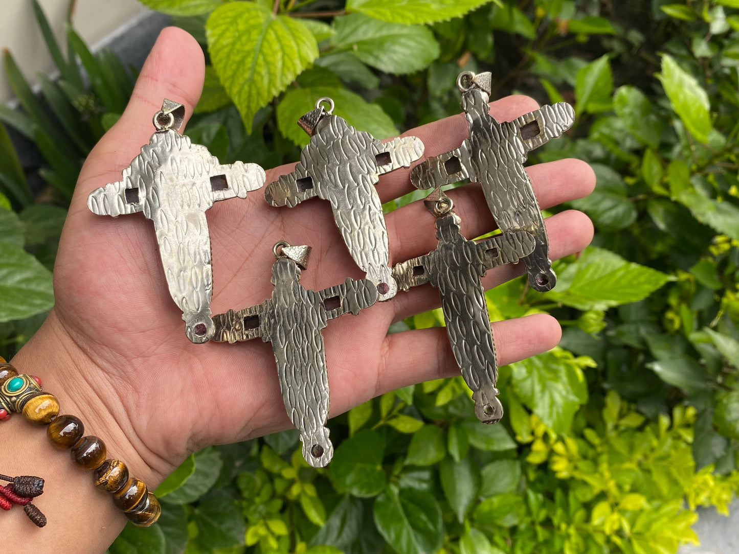 Beautiful Spiky Orange oyster Pendant, Cross shaped Tibetan Silver Pendant adorned with Natural Gemstones, Hippie Fashion, Unisex Pendant.