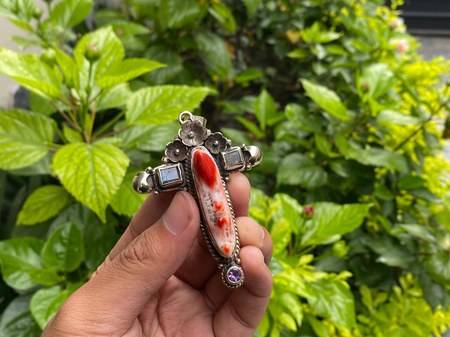 Beautiful Spiky Orange oyster Pendant, Cross shaped Tibetan Silver Pendant adorned with Natural Gemstones, Hippie Fashion, Unisex Pendant.