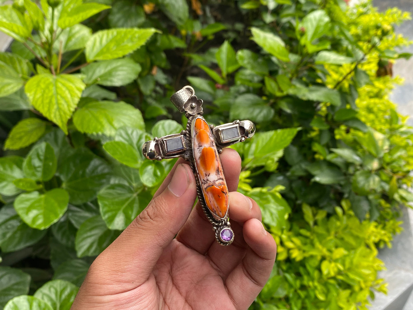 Beautiful Spiky Orange oyster Pendant, Cross shaped Tibetan Silver Pendant adorned with Natural Gemstones, Hippie Fashion, Unisex Pendant.