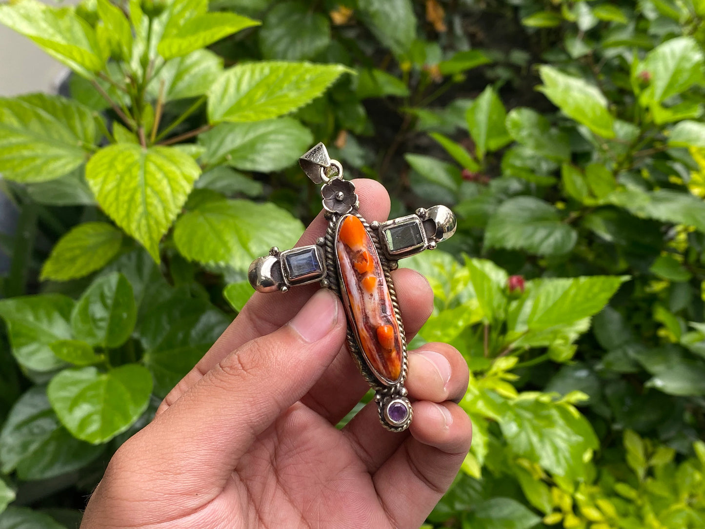 Beautiful Spiky Orange oyster Pendant, Cross shaped Tibetan Silver Pendant adorned with Natural Gemstones, Hippie Fashion, Unisex Pendant.