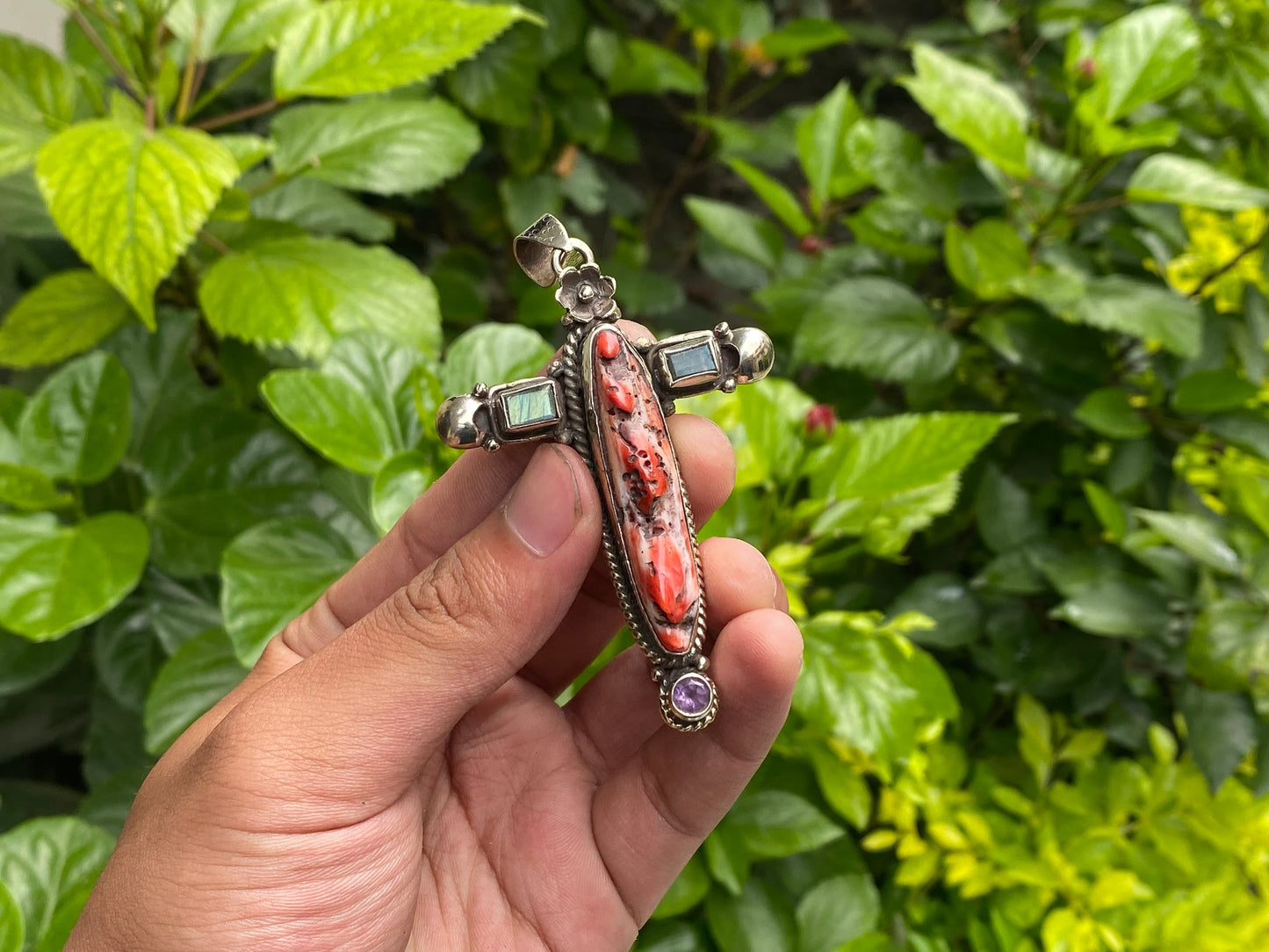 Beautiful Spiky Orange oyster Pendant, Cross shaped Tibetan Silver Pendant adorned with Natural Gemstones, Hippie Fashion, Unisex Pendant.