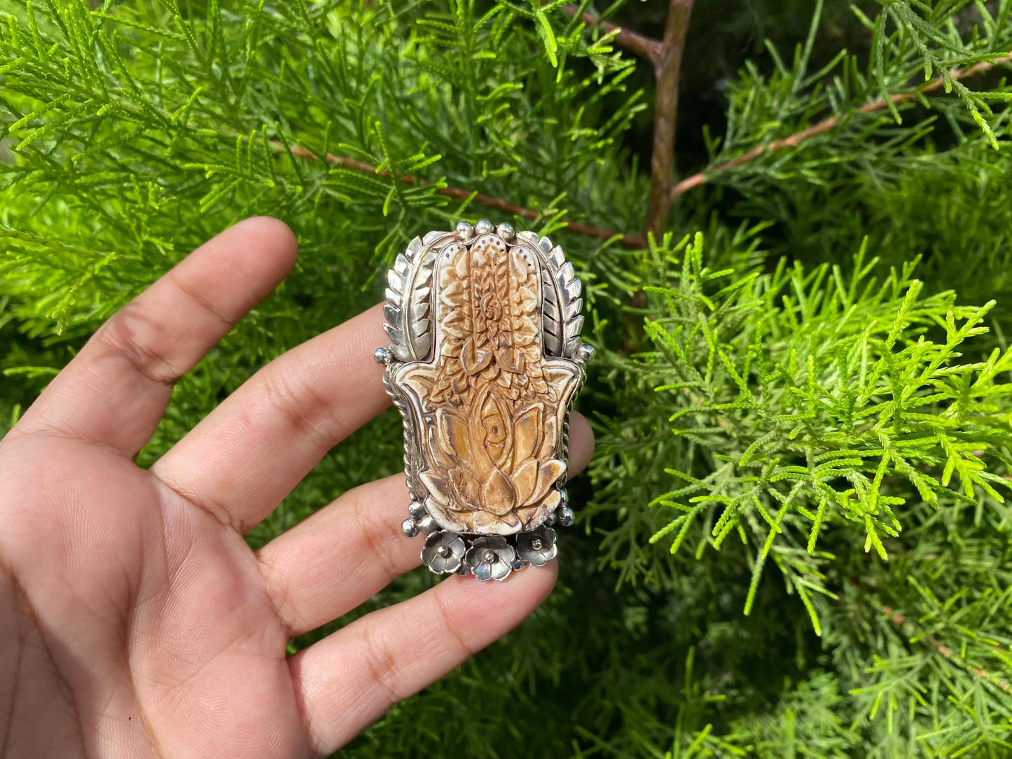 Big Adjustable Bone Carved Hamsa Tibetan Silver Ring, Hand of Fatima, Unisex Healing Ring, Protection Symbol, Bohemian Jewelry, Hand Ring