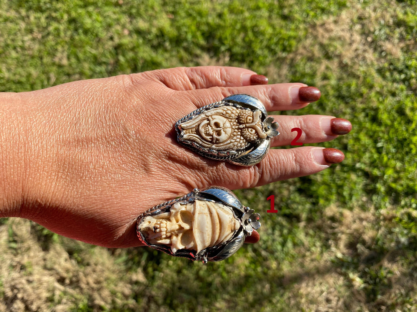Big Adjustable Bone Carved Skull with Owl or Skull Tibetan Silver Ring, Skull Large Ring, Statement Ring, for Men or Women, Bikers Rings