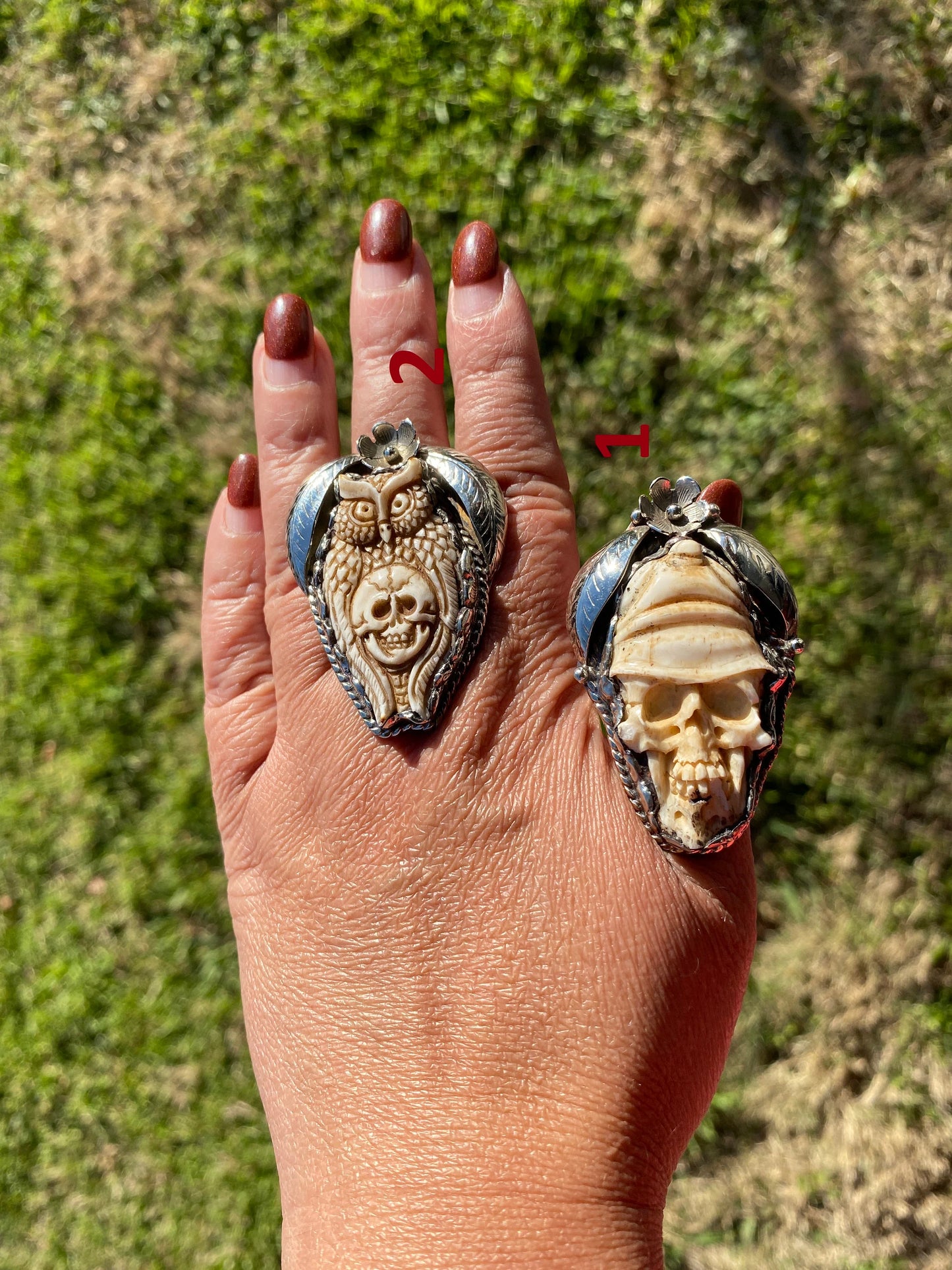 Big Adjustable Bone Carved Skull with Owl or Skull Tibetan Silver Ring, Skull Large Ring, Statement Ring, for Men or Women, Bikers Rings