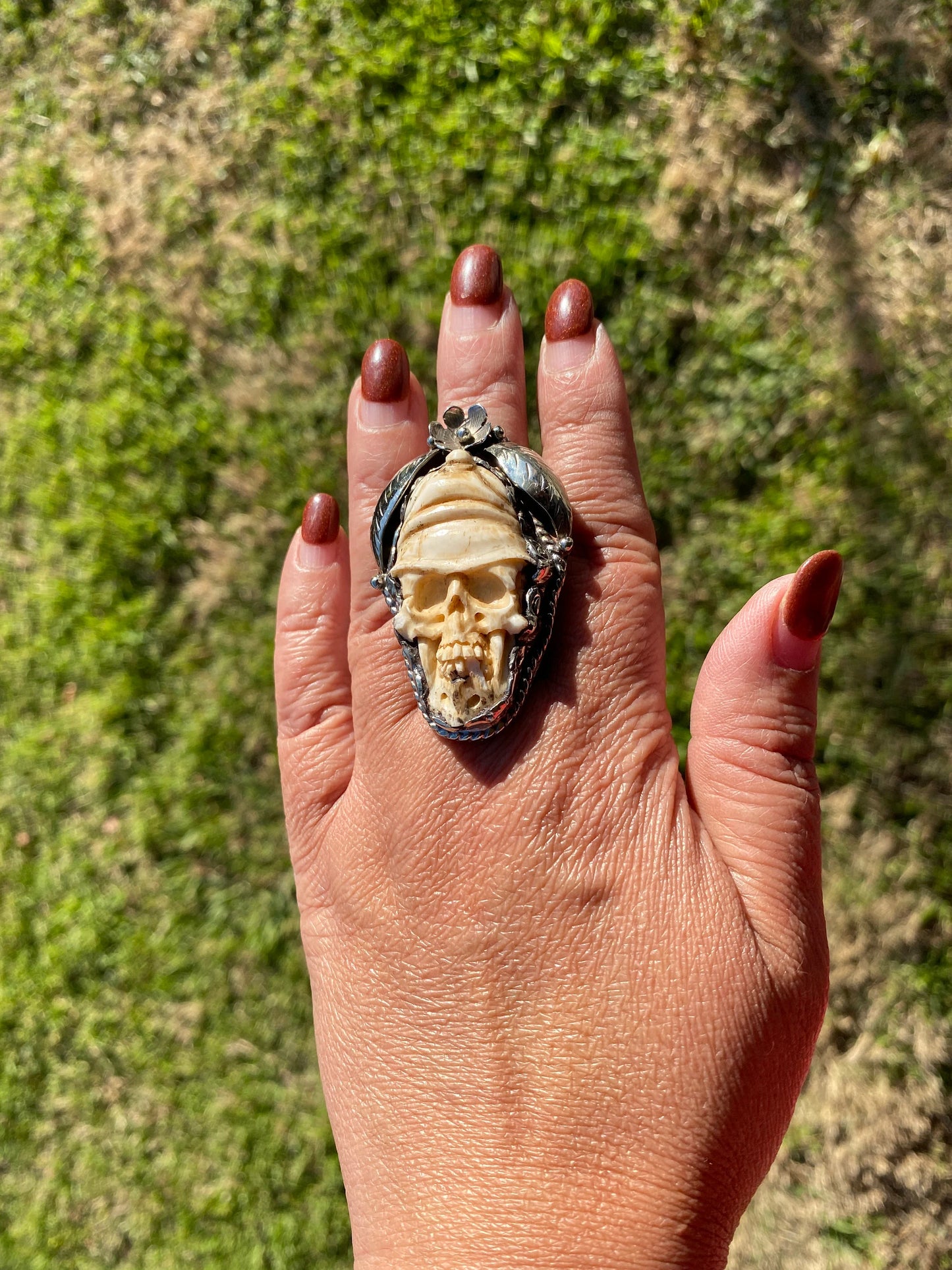 Big Adjustable Bone Carved Skull with Owl or Skull Tibetan Silver Ring, Skull Large Ring, Statement Ring, for Men or Women, Bikers Rings