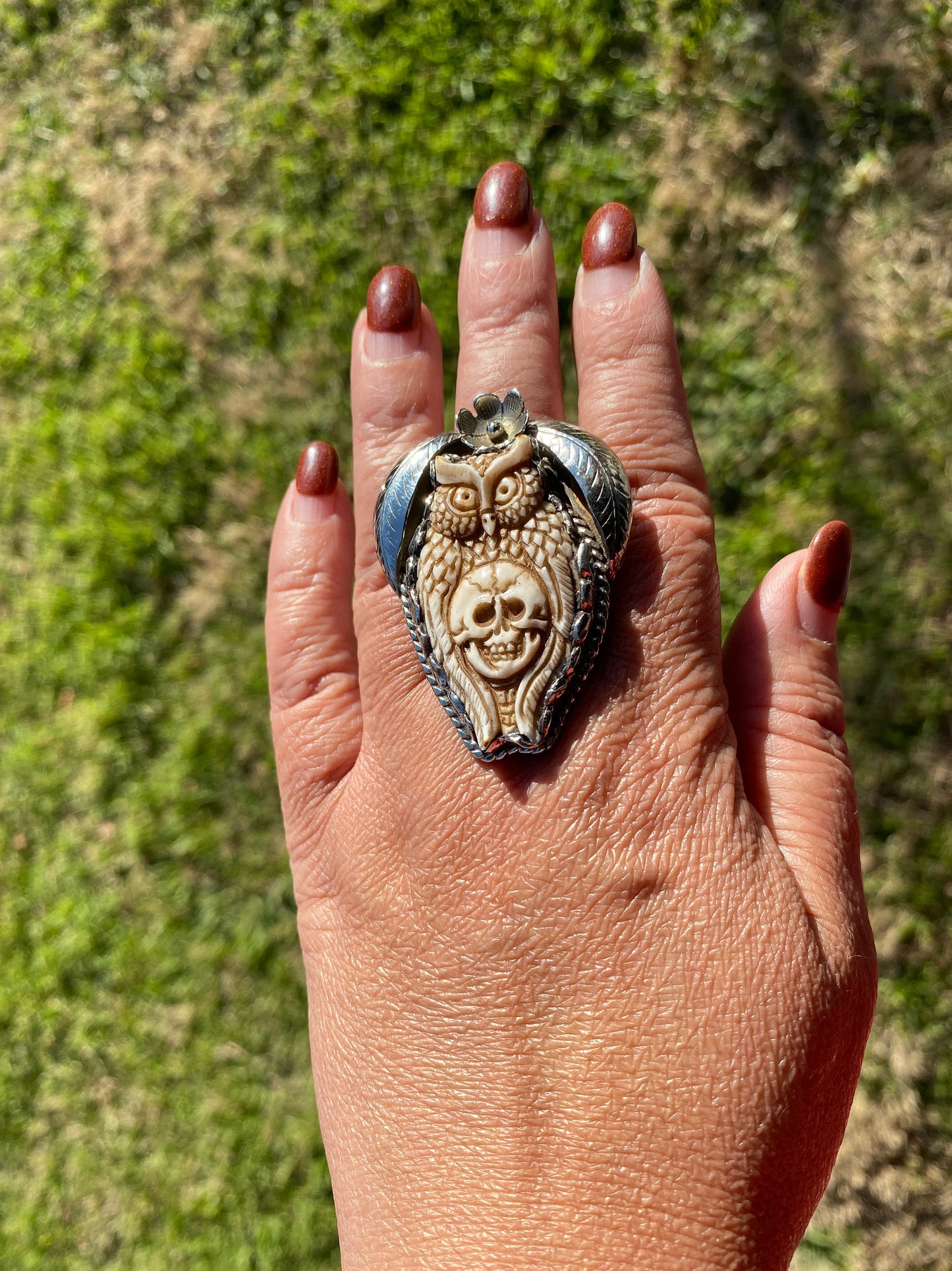 Big Adjustable Bone Carved Skull with Owl or Skull Tibetan Silver Ring, Skull Large Ring, Statement Ring, for Men or Women, Bikers Rings