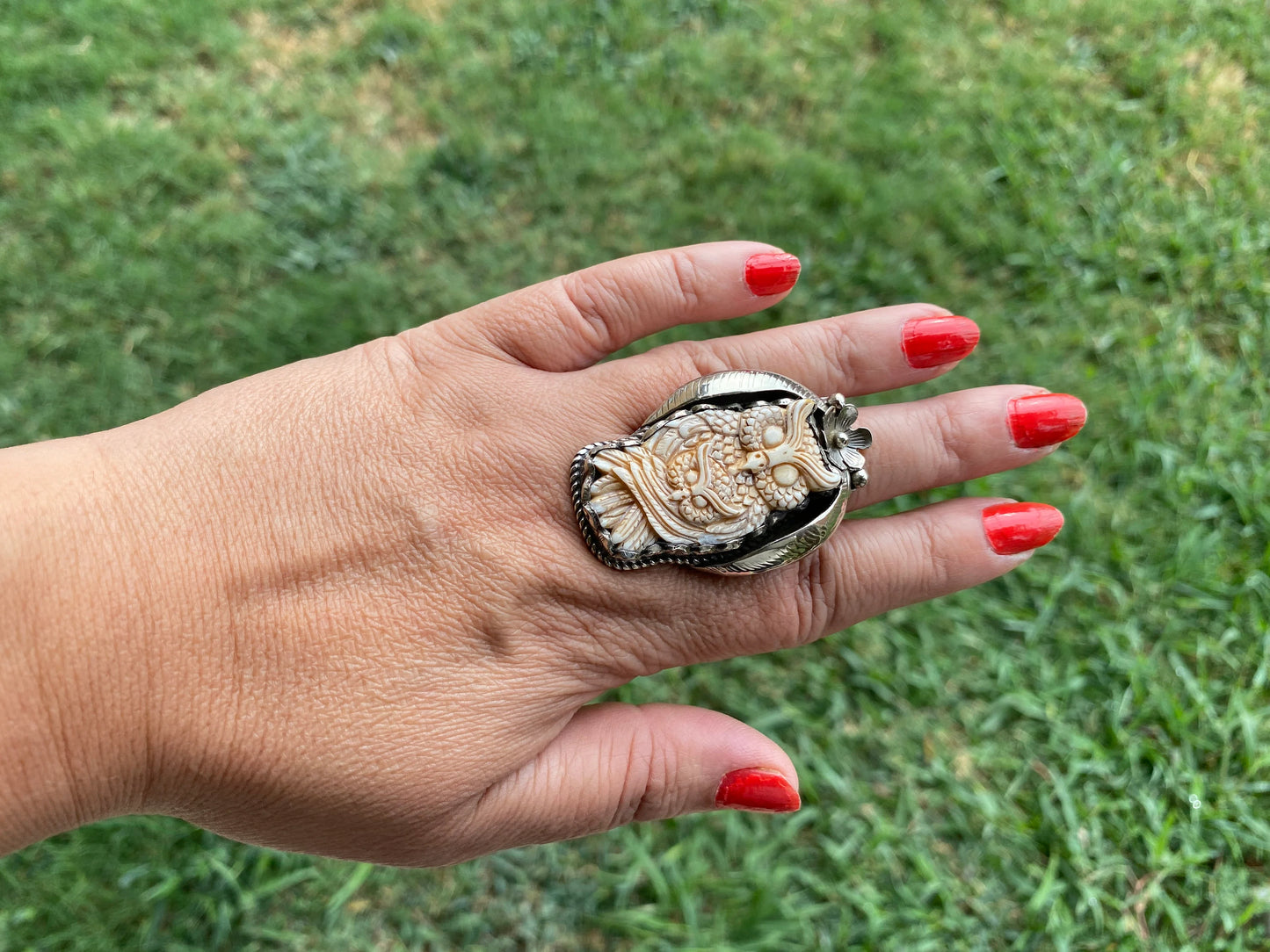 Big Adjustable Bone Carved Tibetan Silver Ring, Owl, Bear Face, Lord Shiva Hamsa with Evel Eye Ring, Unique Ring, Punk Jewelry