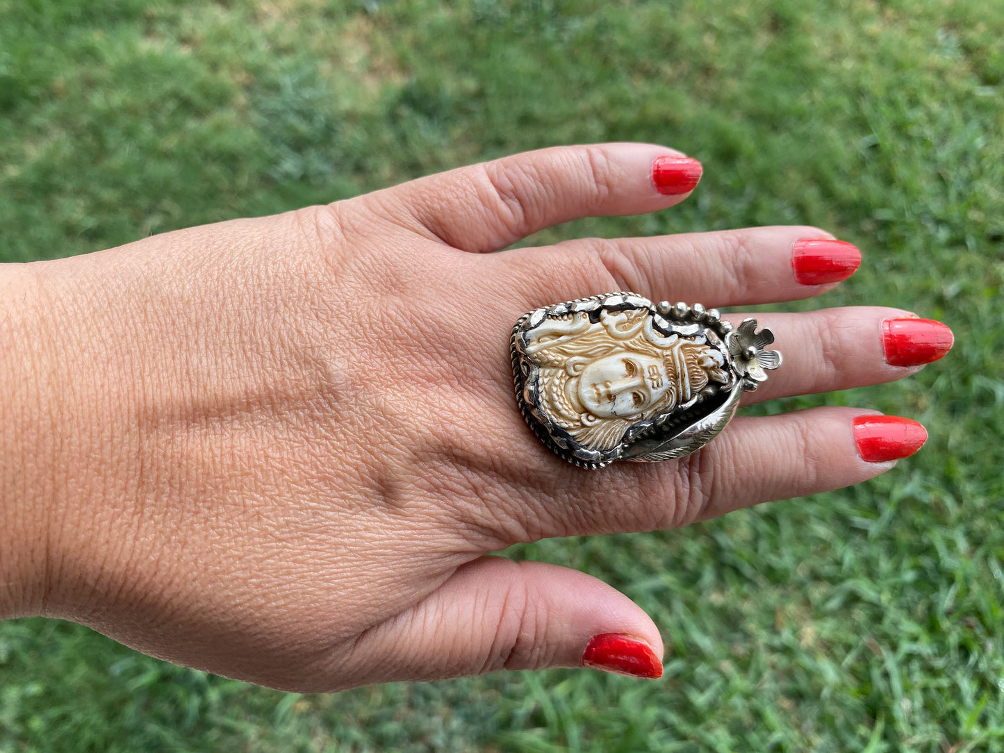 Big Adjustable Bone Carved Tibetan Silver Ring, Owl, Bear Face, Lord Shiva Hamsa with Evel Eye Ring, Unique Ring, Punk Jewelry