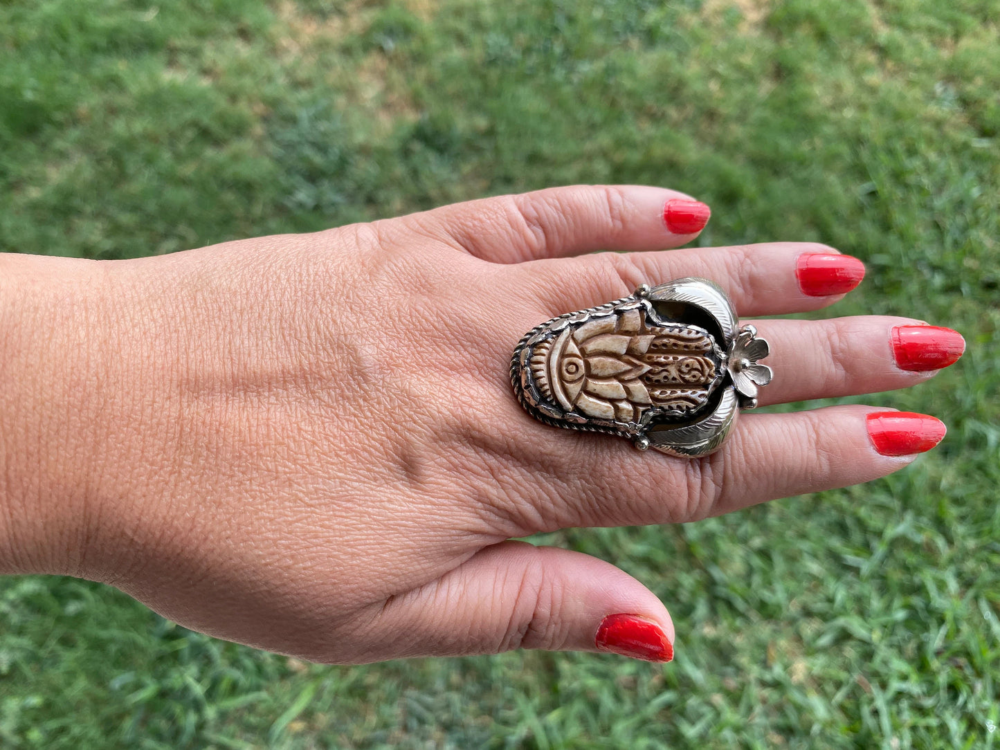 Big Adjustable Bone Carved Tibetan Silver Ring, Owl, Bear Face, Lord Shiva Hamsa with Evel Eye Ring, Unique Ring, Punk Jewelry