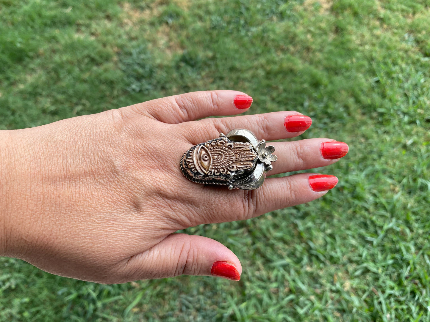 Big Adjustable Bone Carved Tibetan Silver Ring, Owl, Bear Face, Lord Shiva Hamsa with Evel Eye Ring, Unique Ring, Punk Jewelry
