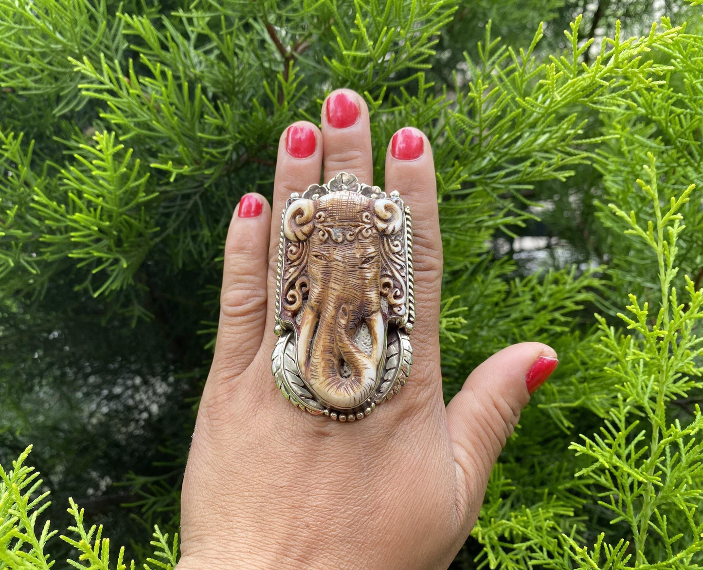 Big Adjustable Buffalo Bone Carved Elephant Tibetan Silver Ring | Symbol of Strength and Wisdom, Bohemian Ring, Unisex Jewelry Gift