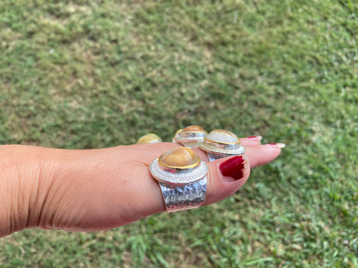 Big Adjustable Crunch Shell Two Tone Ring, Brushed Gold and Silver Overlay, Wide Band, Hippie Ring, Hammered Ring, Marine Inspired Ring