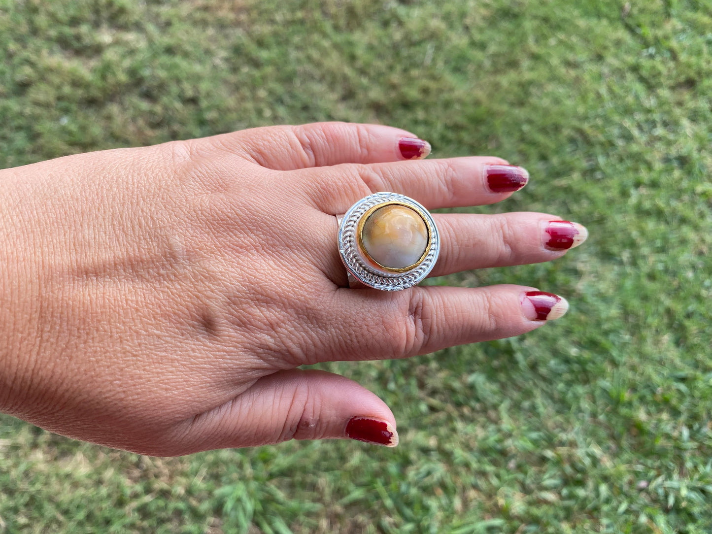 Big Adjustable Crunch Shell Two Tone Ring, Brushed Gold and Silver Overlay, Wide Band, Hippie Ring, Hammered Ring, Marine Inspired Ring