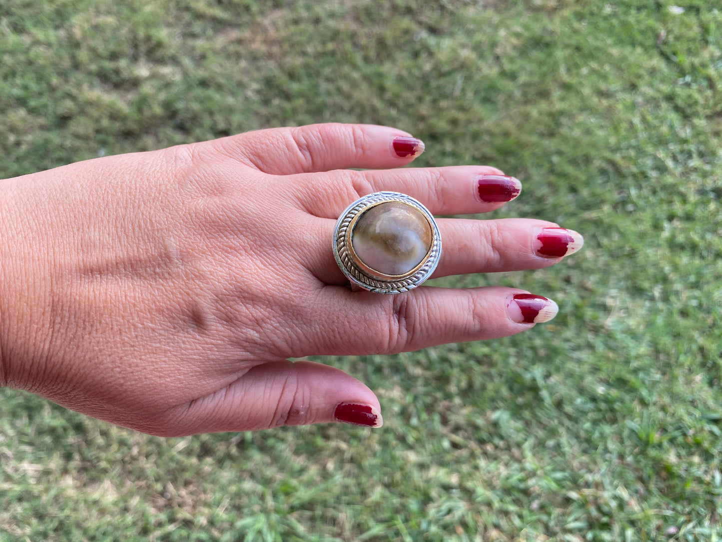 Big Adjustable Crunch Shell Two Tone Ring, Brushed Gold and Silver Overlay, Wide Band, Hippie Ring, Hammered Ring, Marine Inspired Ring