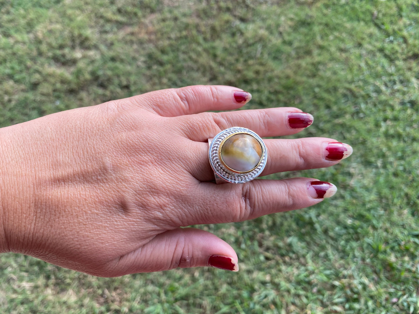 Big Adjustable Crunch Shell Two Tone Ring, Brushed Gold and Silver Overlay, Wide Band, Hippie Ring, Hammered Ring, Marine Inspired Ring