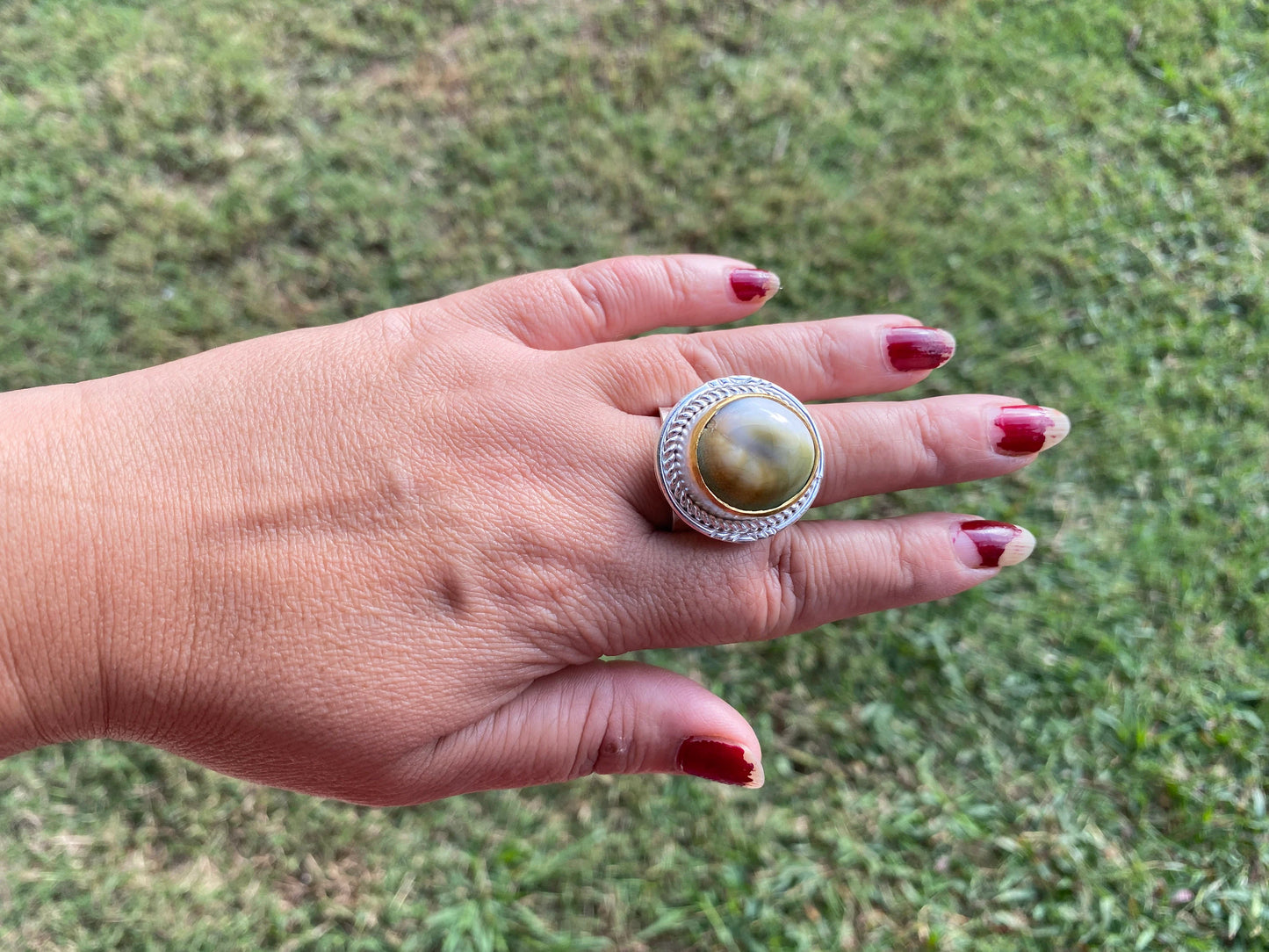 Big Adjustable Crunch Shell Two Tone Ring, Brushed Gold and Silver Overlay, Wide Band, Hippie Ring, Hammered Ring, Marine Inspired Ring