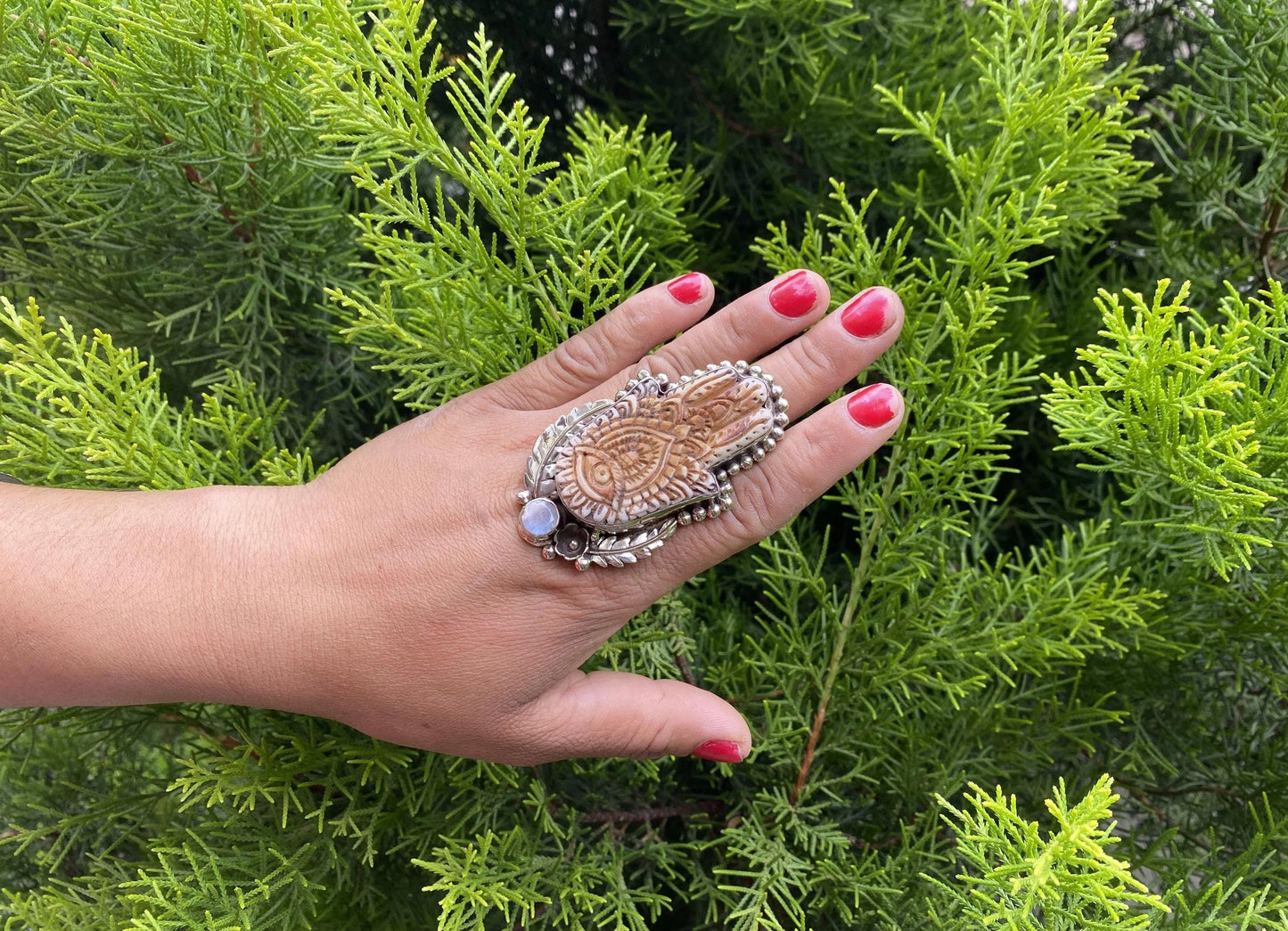 Big Adjustable Hand-Carved Hamsa Buffalo Bone Ring with moonstone Gemstone | Tibetan Silver Spiritual Jewelry, Unisex Statement Ring