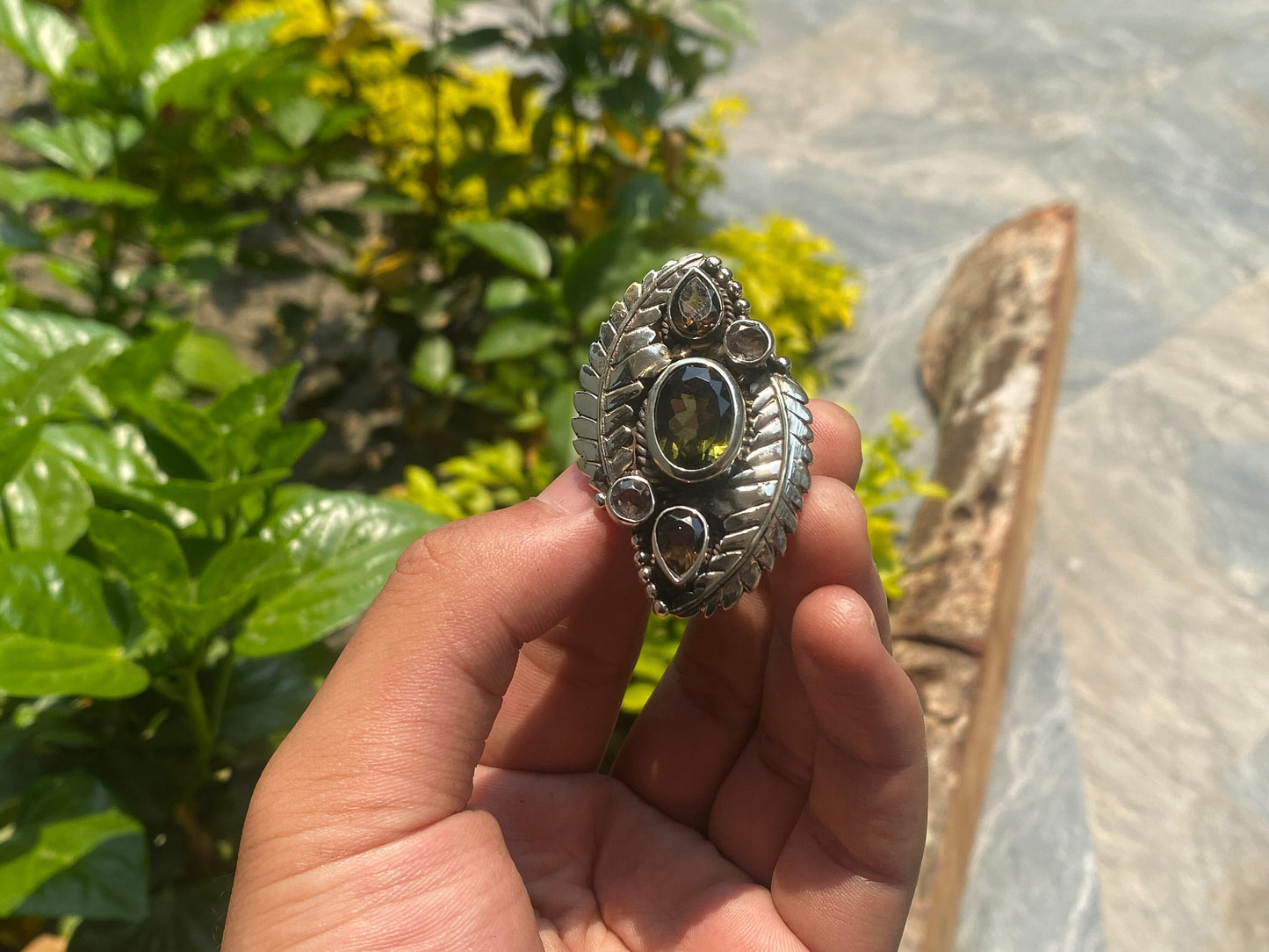 Big Adjustable Handmade Ring, Tibetan Silver Ring adorned with White Topaz, Smoky Quartz and Peridotite.