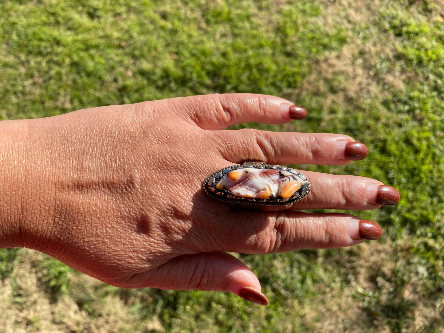 Big Adjustable Natural Orange Spiny Oyster Tibetan Silver Ring, Spiny Oyster Jewelry, Southwest Ring, Statement Ring, Native American Style