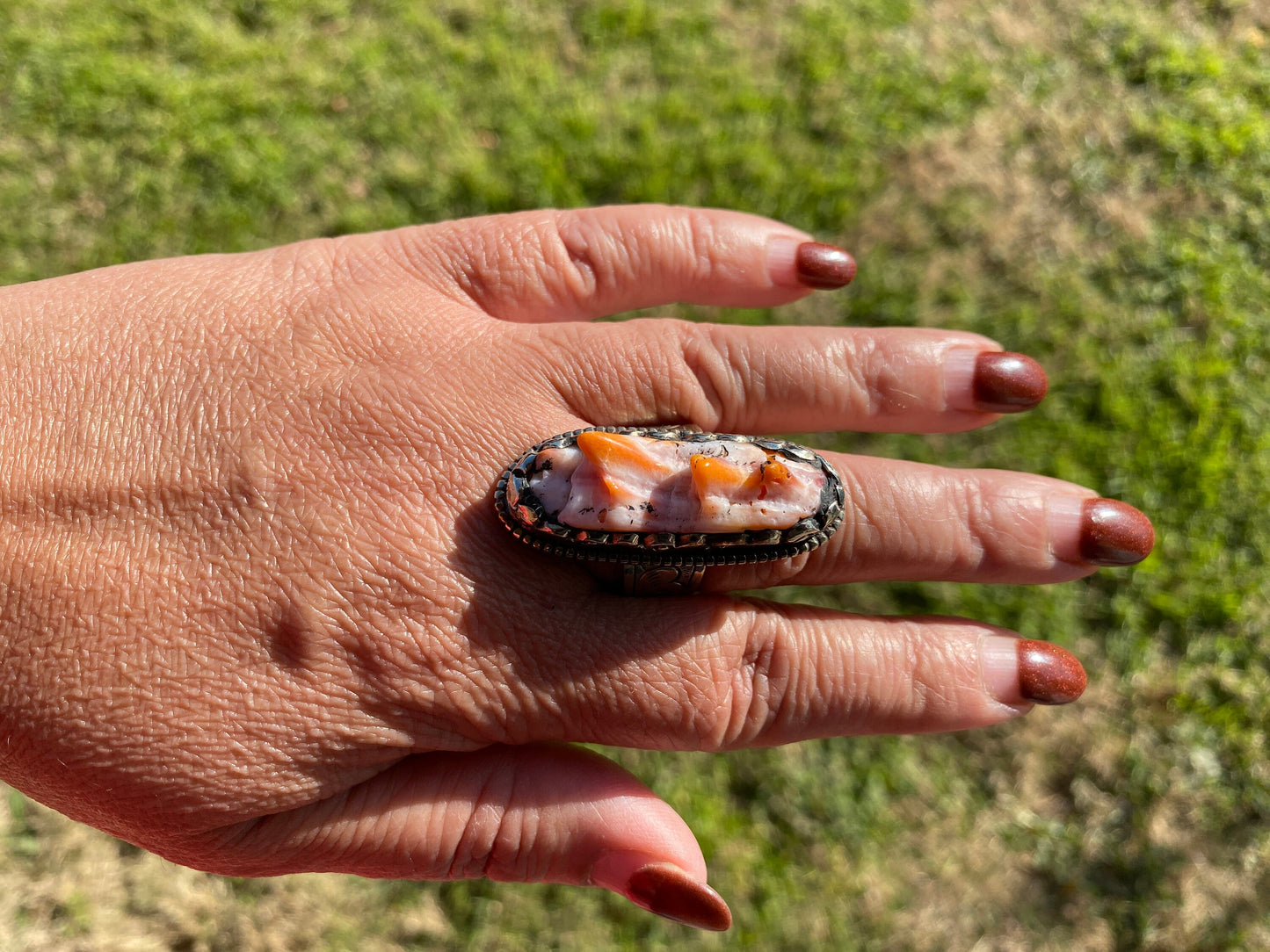 Big Adjustable Natural Orange Spiny Oyster Tibetan Silver Ring, Spiny Oyster Jewelry, Southwest Ring, Statement Ring, Native American Style