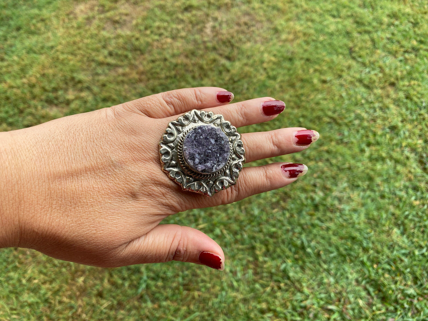 Big Adjustable Natural Raw Amethyst Druzy Tibetan Silver Ring, February Birthstone Jewelry, Amethysts Geode Ring, Chunky Bohemian Ring
