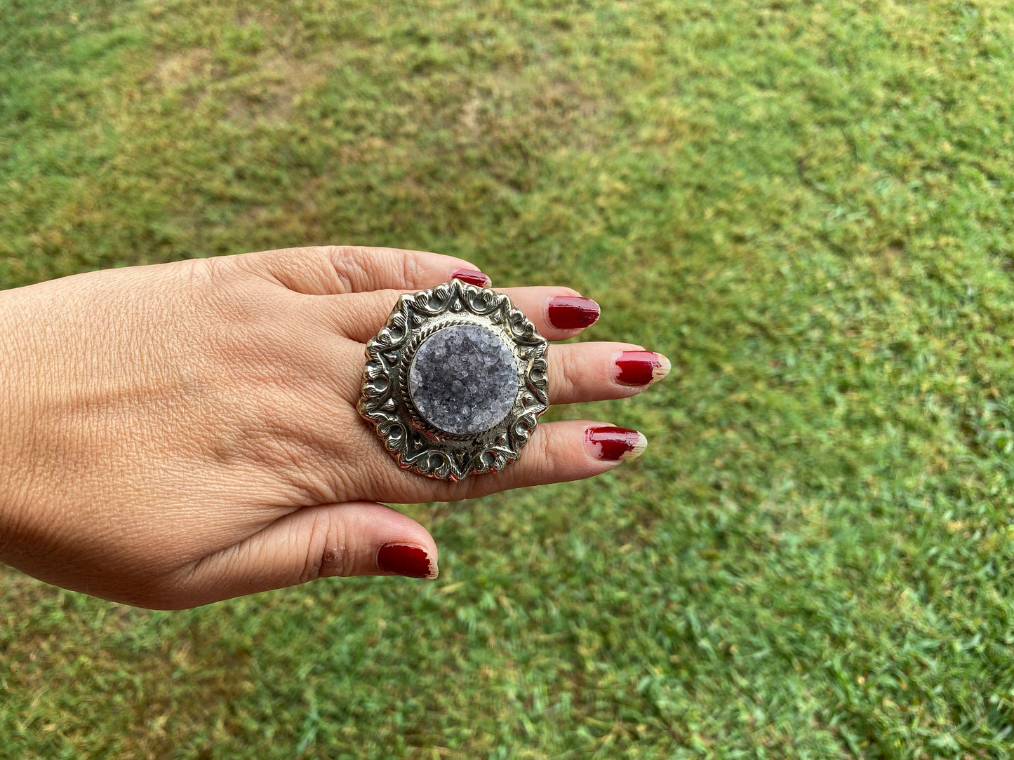 Big Adjustable Natural Raw Amethyst Druzy Tibetan Silver Ring, February Birthstone Jewelry, Amethysts Geode Ring, Chunky Bohemian Ring