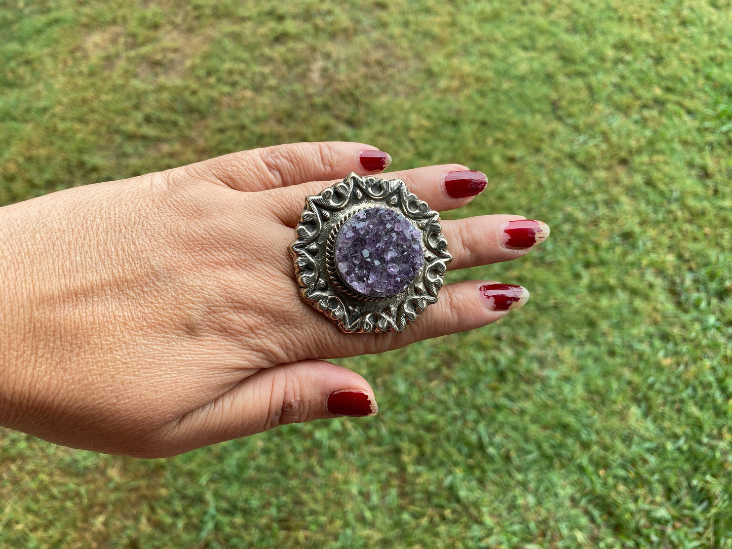 Big Adjustable Natural Raw Amethyst Druzy Tibetan Silver Ring, February Birthstone Jewelry, Amethysts Geode Ring, Chunky Bohemian Ring