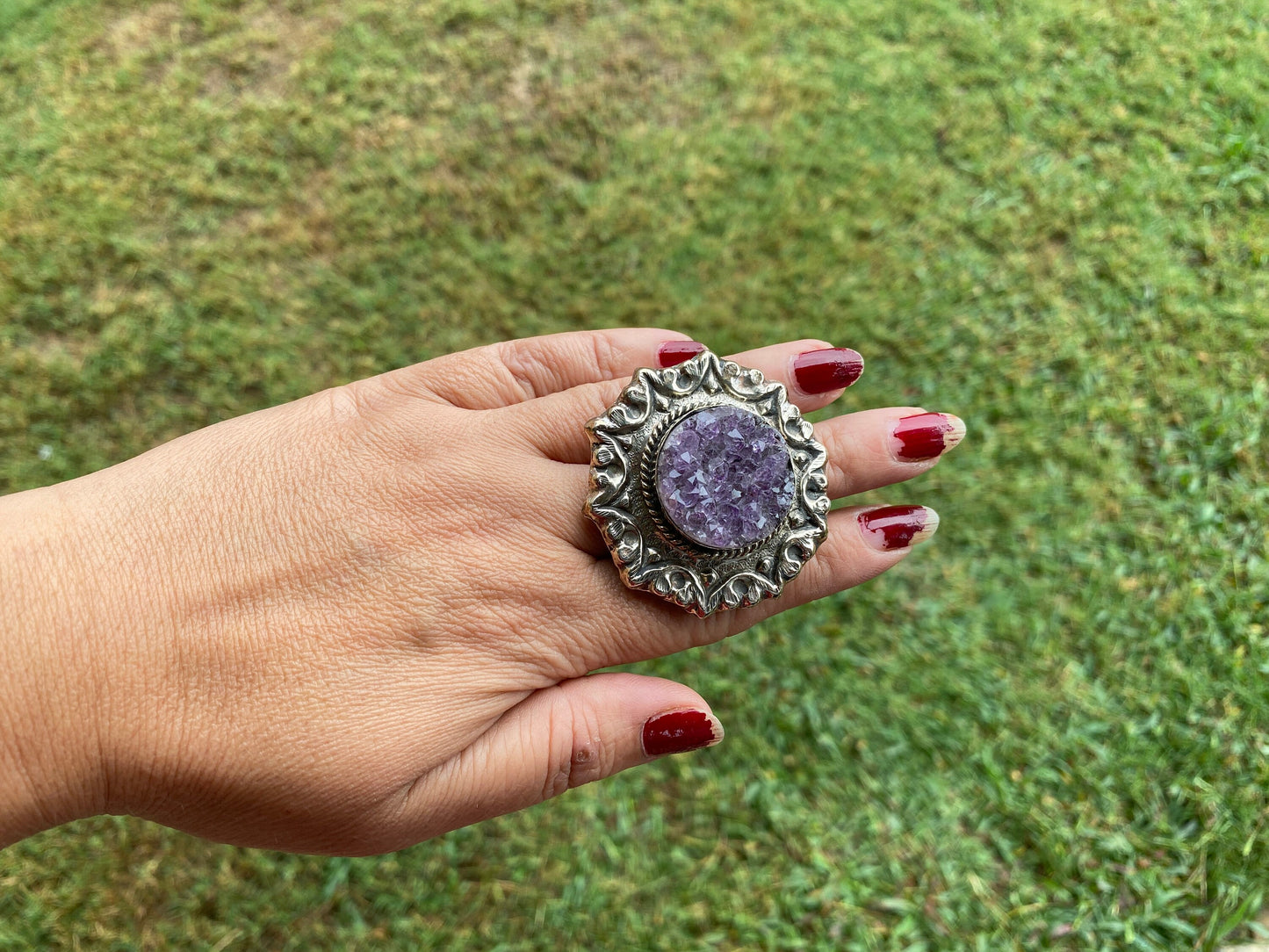 Big Adjustable Natural Raw Amethyst Druzy Tibetan Silver Ring, February Birthstone Jewelry, Amethysts Geode Ring, Chunky Bohemian Ring