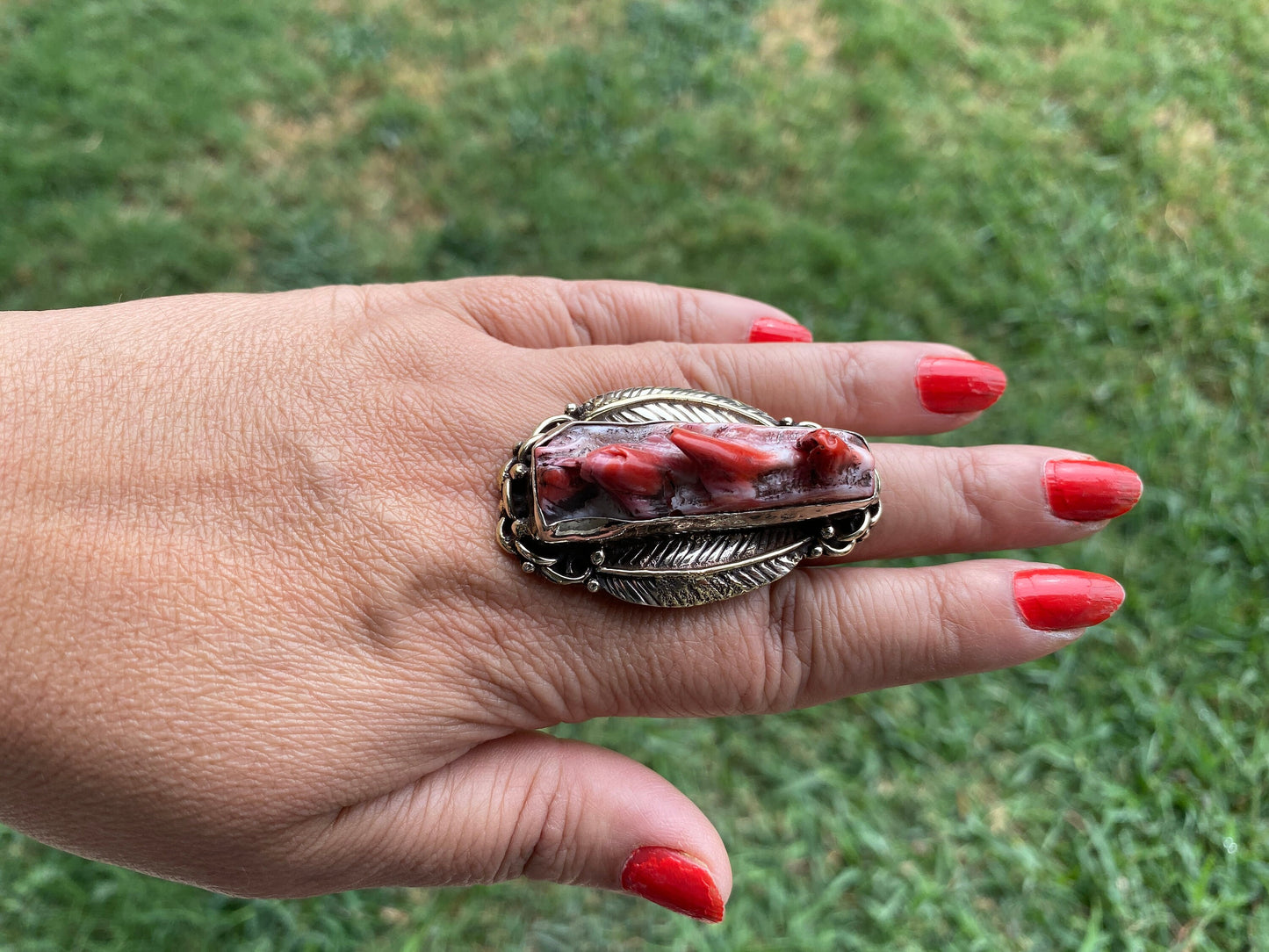 Big Adjustable Natural Spiny Oyster Tibetan Silver Ring, Spiny Oyster Jewelry, Southwest Ring, Statement Ring, Native American Style