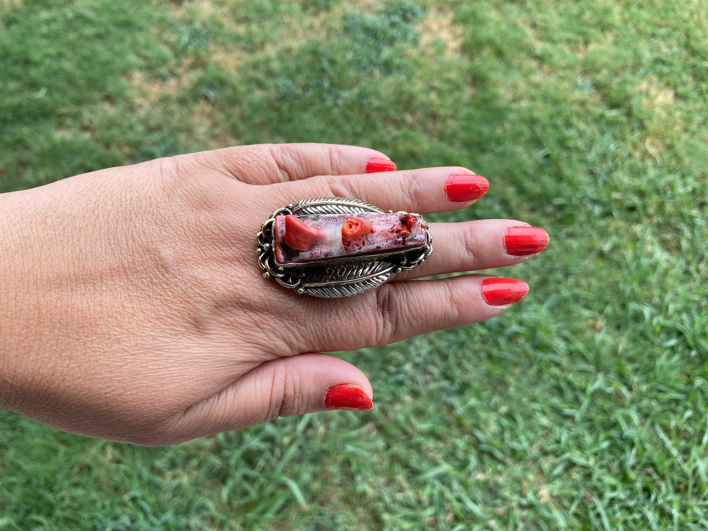 Big Adjustable Natural Spiny Oyster Tibetan Silver Ring, Spiny Oyster Jewelry, Southwest Ring, Statement Ring, Native American Style