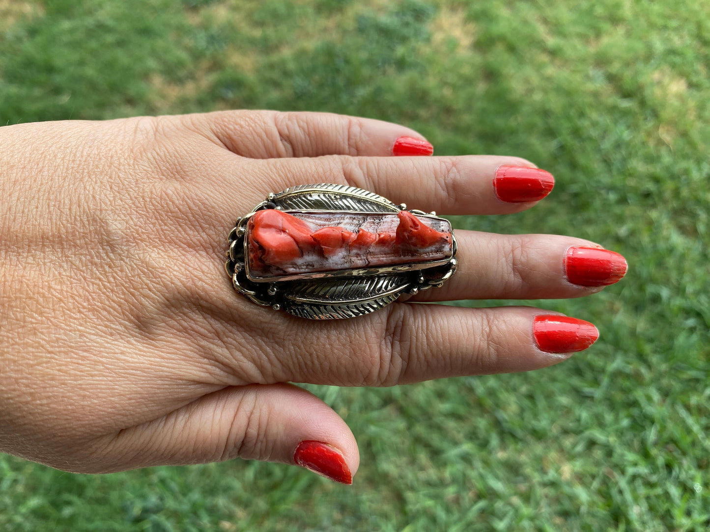 Big Adjustable Natural Spiny Oyster Tibetan Silver Ring, Spiny Oyster Jewelry, Southwest Ring, Statement Ring, Native American Style