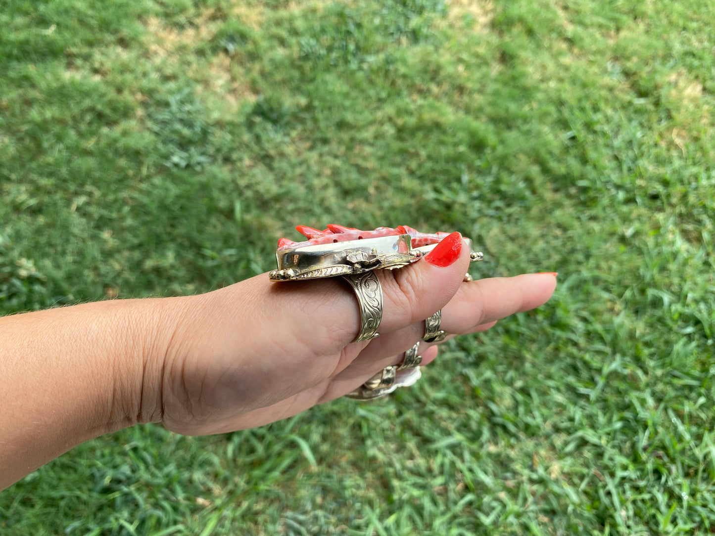 Big Adjustable Natural Spiny Oyster Tibetan Silver Ring, Spiny Oyster Jewelry, Southwest Ring, Statement Ring, Native American Style
