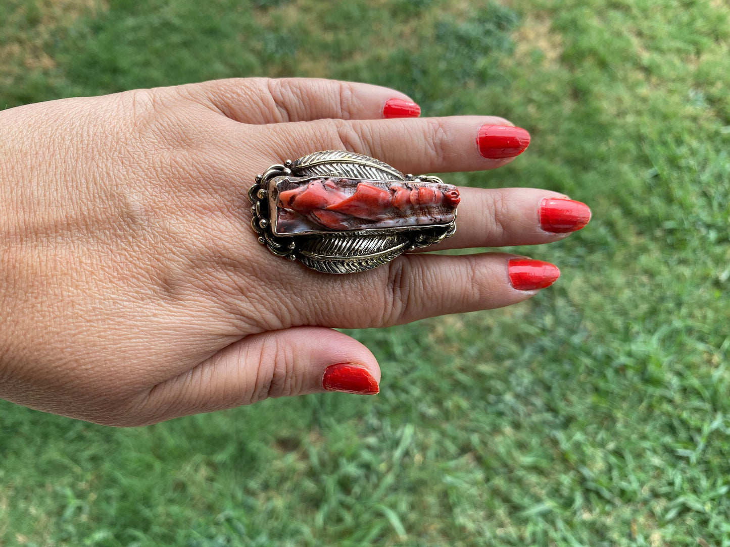 Big Adjustable Natural Spiny Oyster Tibetan Silver Ring, Spiny Oyster Jewelry, Southwest Ring, Statement Ring, Native American Style