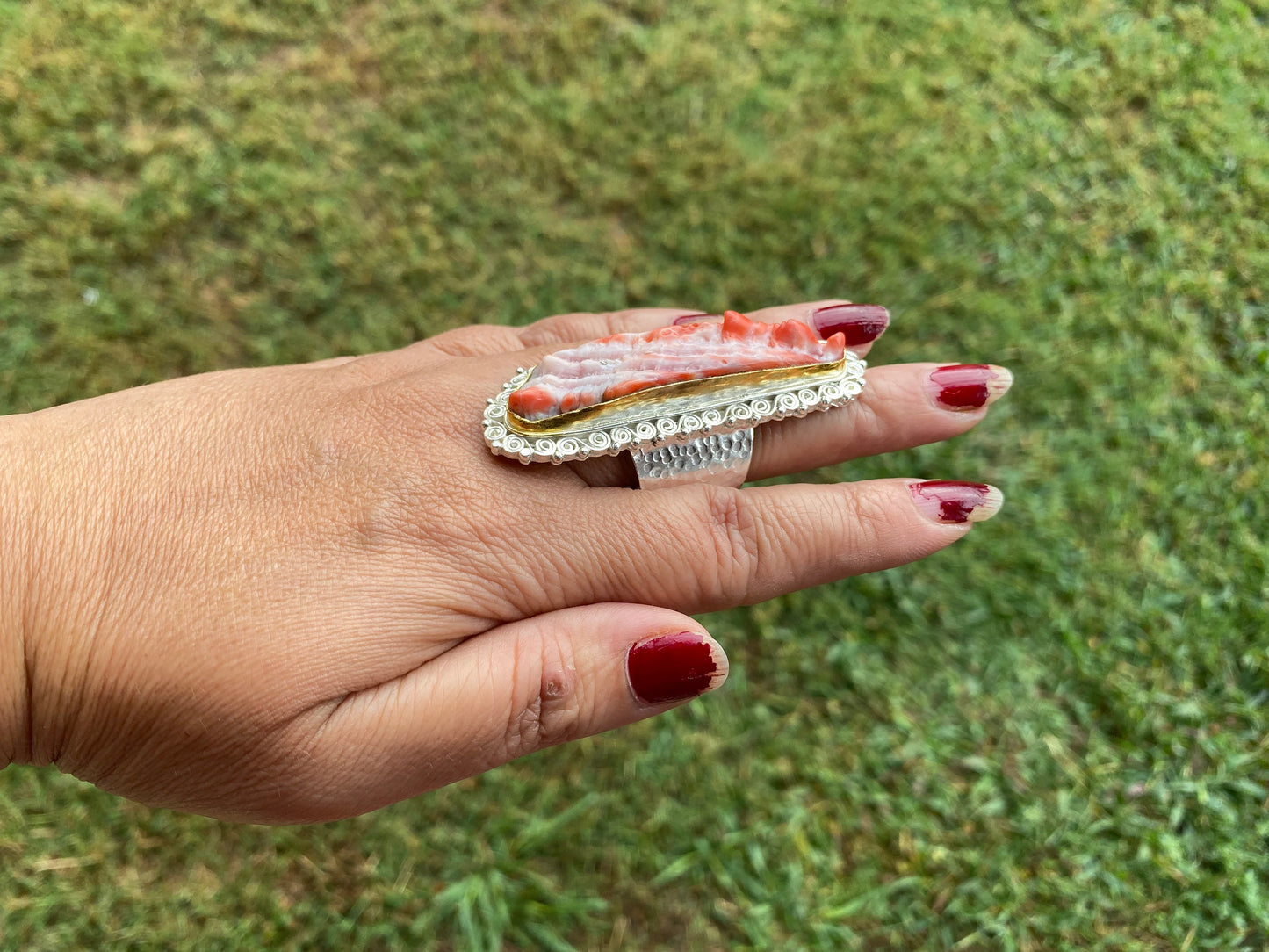Big Adjustable Natural Spiny Oyster Two Tone Ring, Gold with Silver Overlay Jewelry, Southwest Ring, Statement Ring, Native American Style