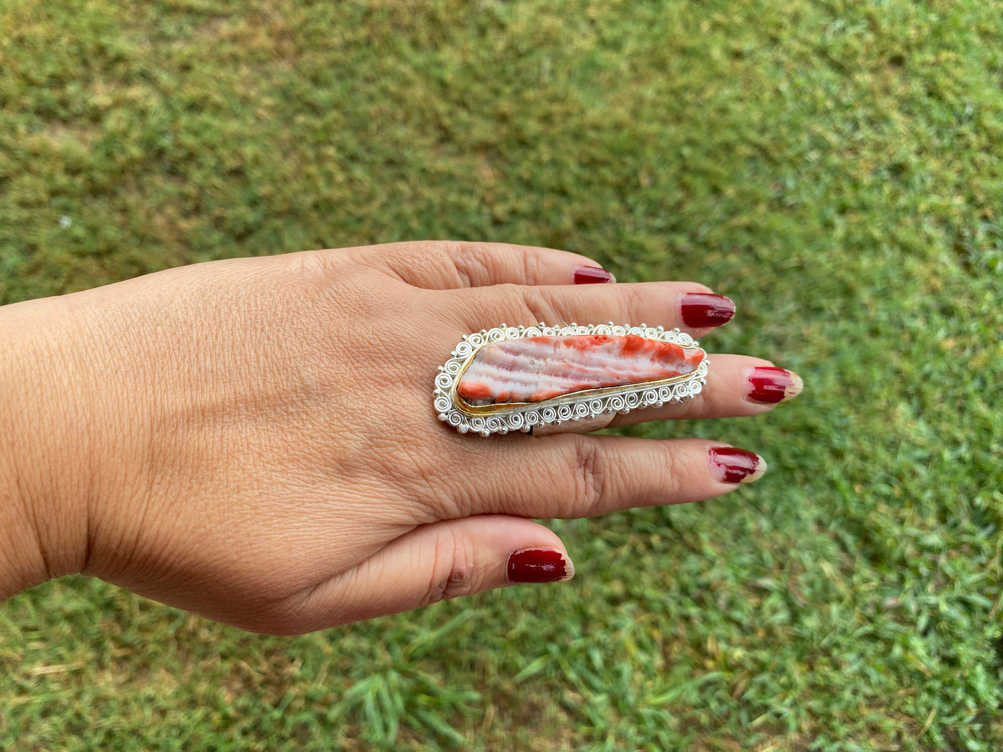 Big Adjustable Natural Spiny Oyster Two Tone Ring, Gold with Silver Overlay Jewelry, Southwest Ring, Statement Ring, Native American Style