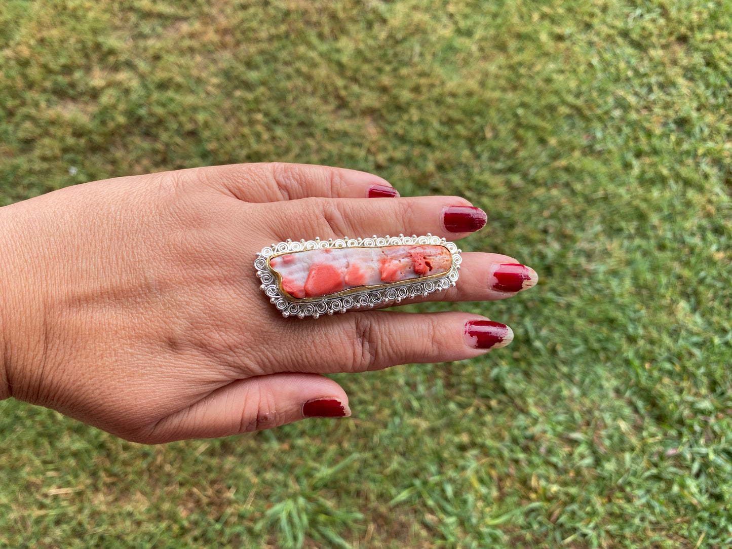 Big Adjustable Natural Spiny Oyster Two Tone Ring, Gold with Silver Overlay Jewelry, Southwest Ring, Statement Ring, Native American Style