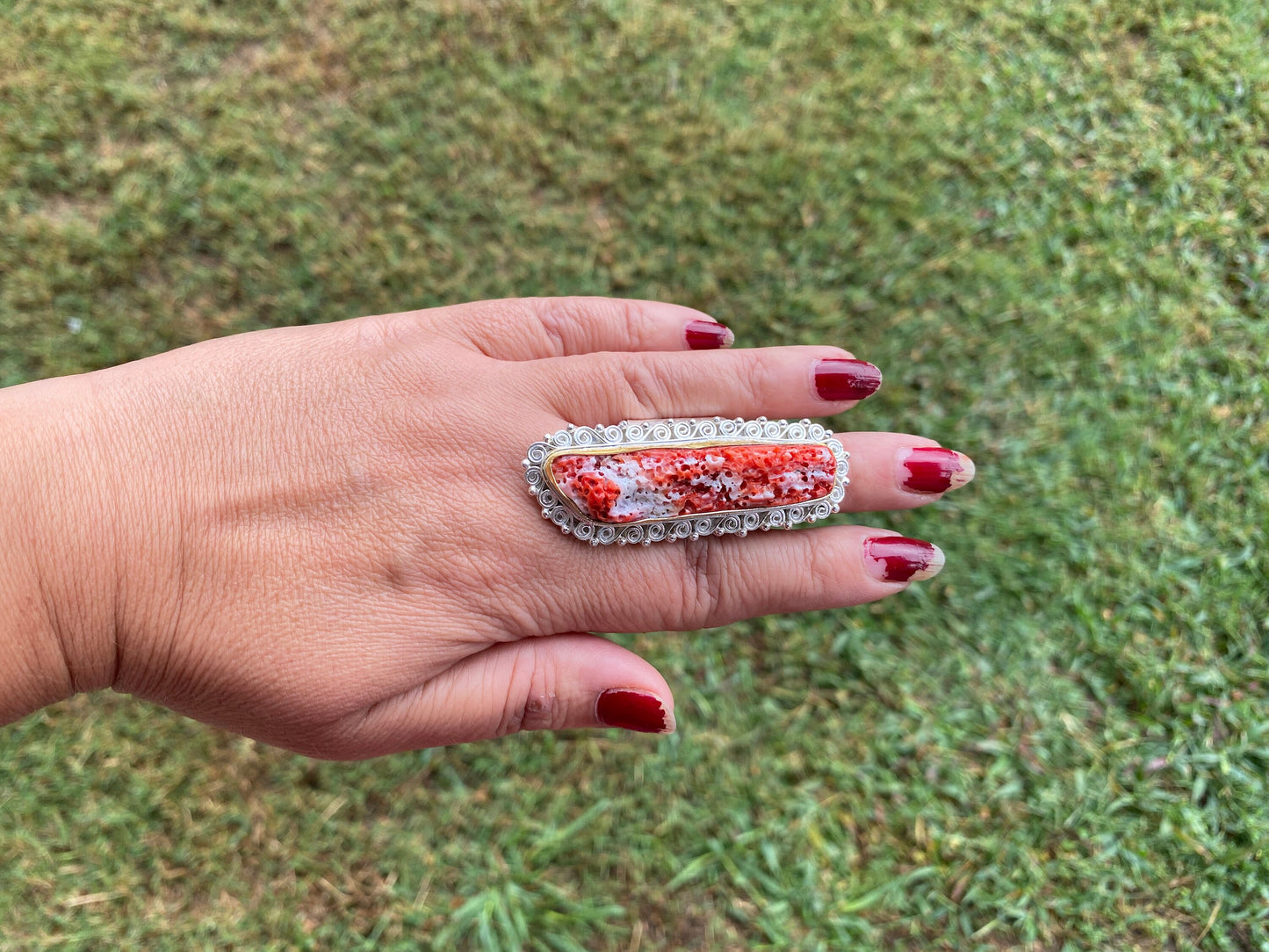 Big Adjustable Natural Spiny Oyster Two Tone Ring, Gold with Silver Overlay Jewelry, Southwest Ring, Statement Ring, Native American Style