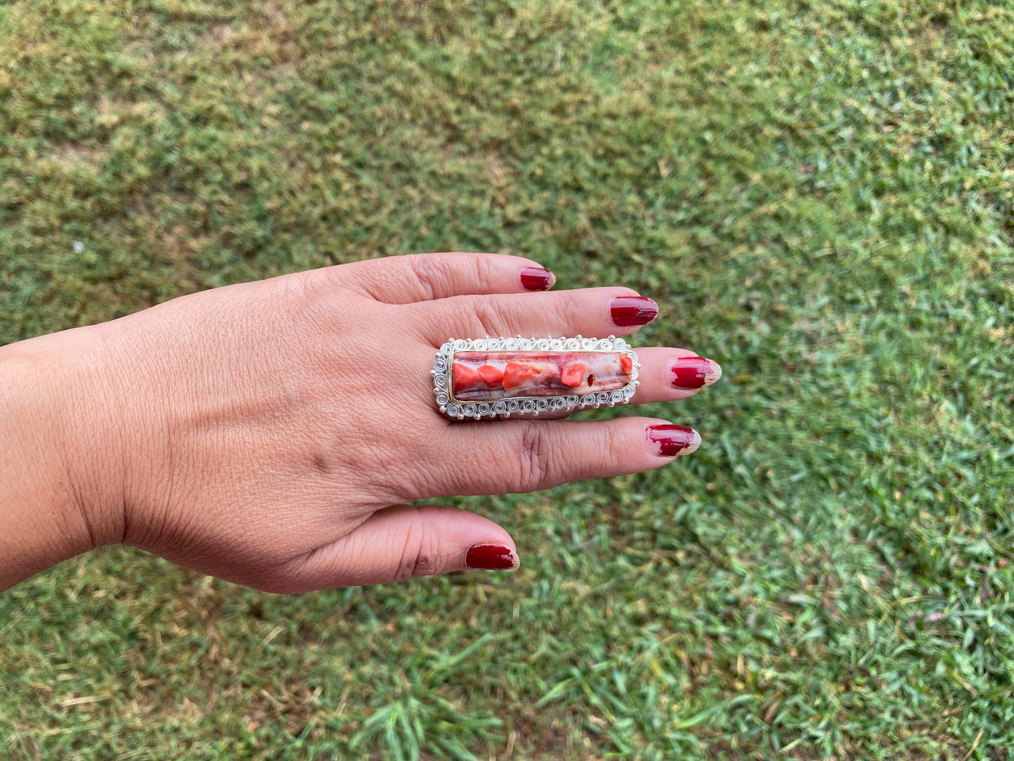 Big Adjustable Natural Spiny Oyster Two Tone Ring, Gold with Silver Overlay Jewelry, Southwest Ring, Statement Ring, Native American Style