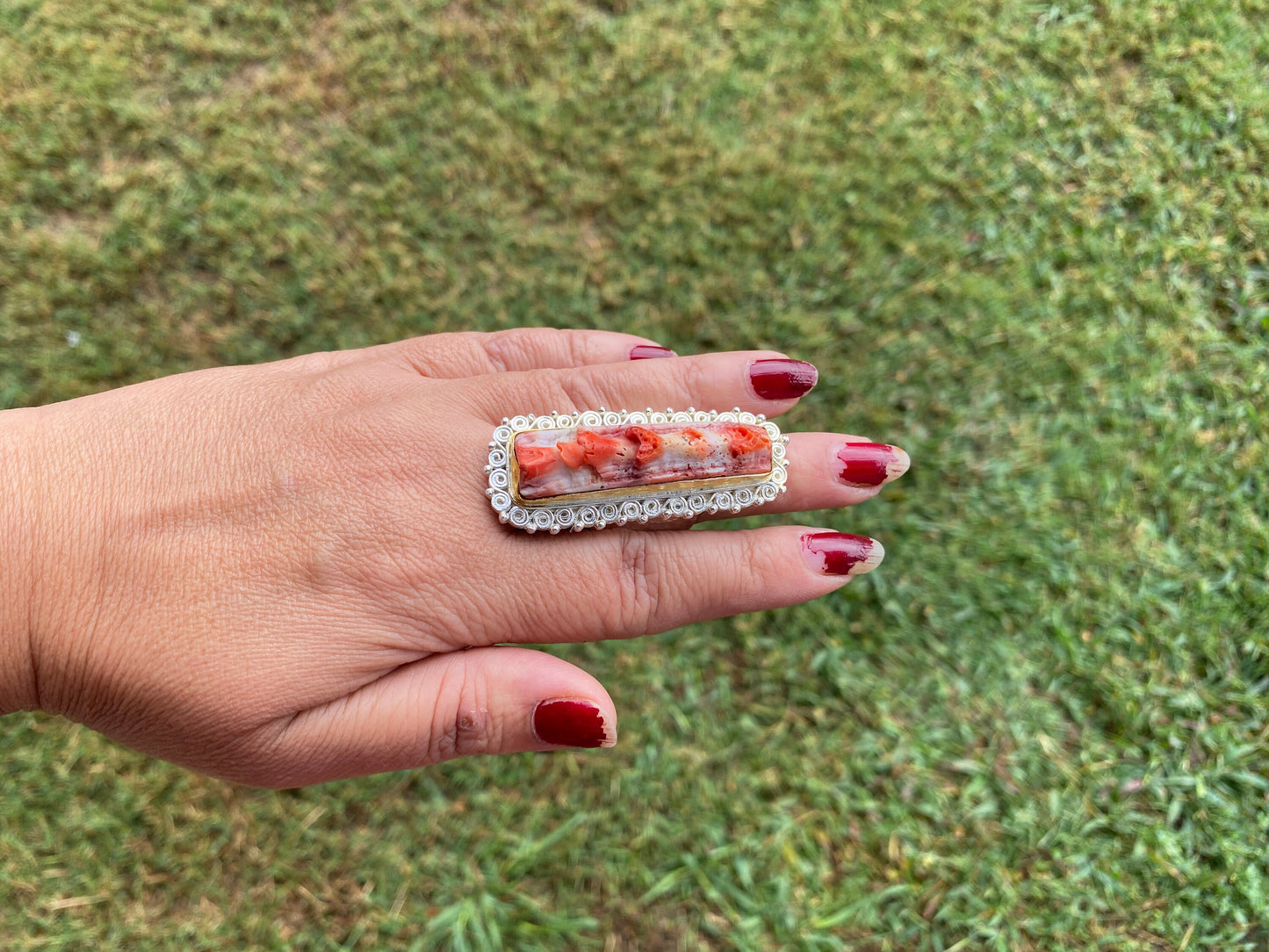 Big Adjustable Natural Spiny Oyster Two Tone Ring, Gold with Silver Overlay Jewelry, Southwest Ring, Statement Ring, Native American Style