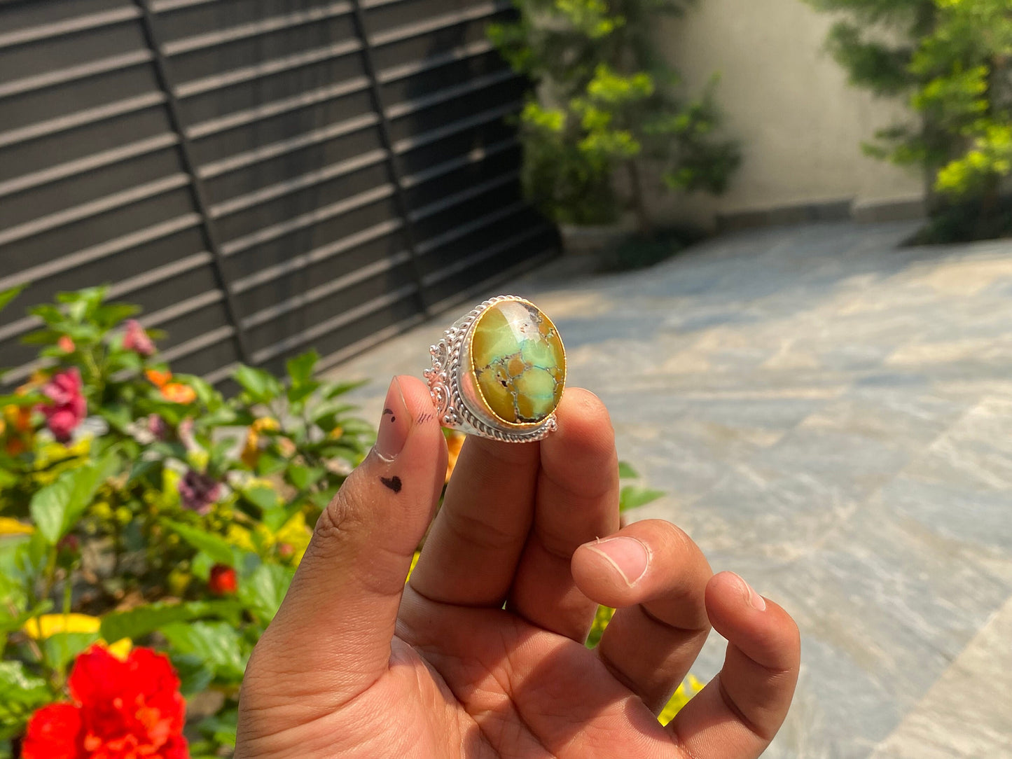 Big Adjustable Natural Turquoise Adorned Ring, Handmade Ring, Hammered Ring, Unisex Ring, Gift Ideas.