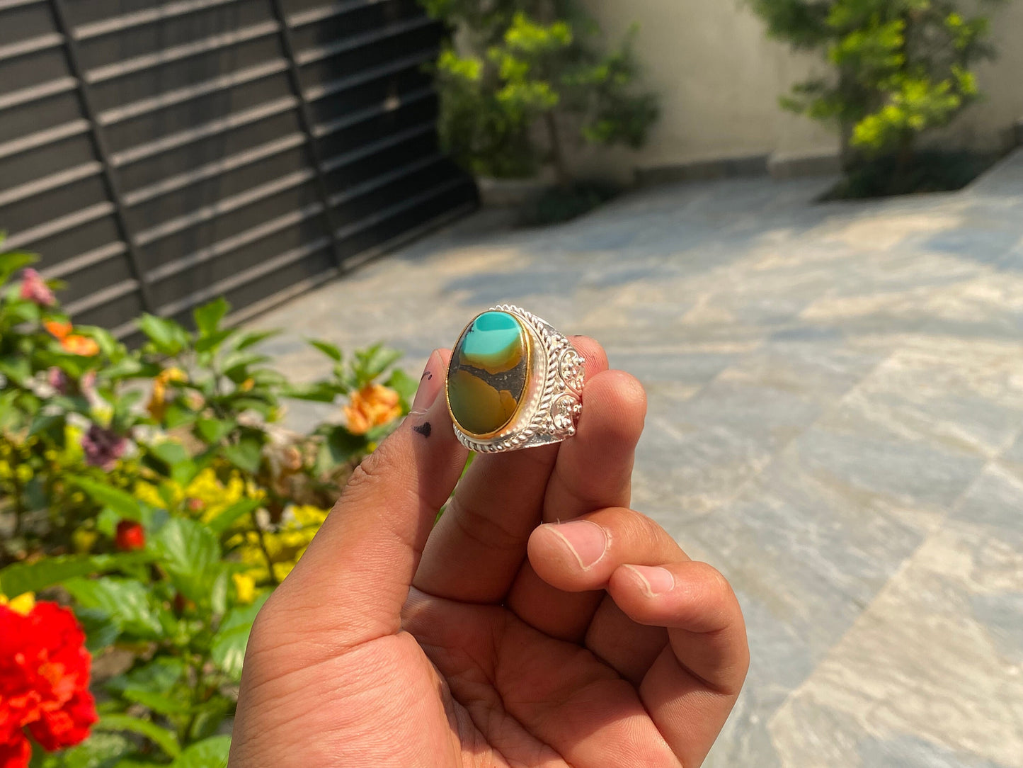 Big Adjustable Natural Turquoise Adorned Ring, Handmade Ring, Hammered Ring, Unisex Ring, Gift Ideas.