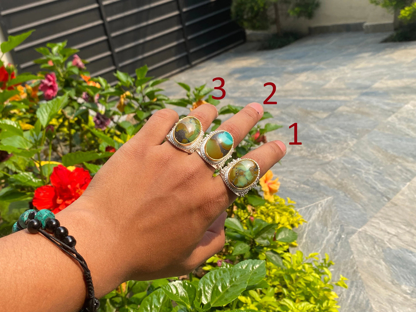 Big Adjustable Natural Turquoise Adorned Ring, Handmade Ring, Hammered Ring, Unisex Ring, Gift Ideas.