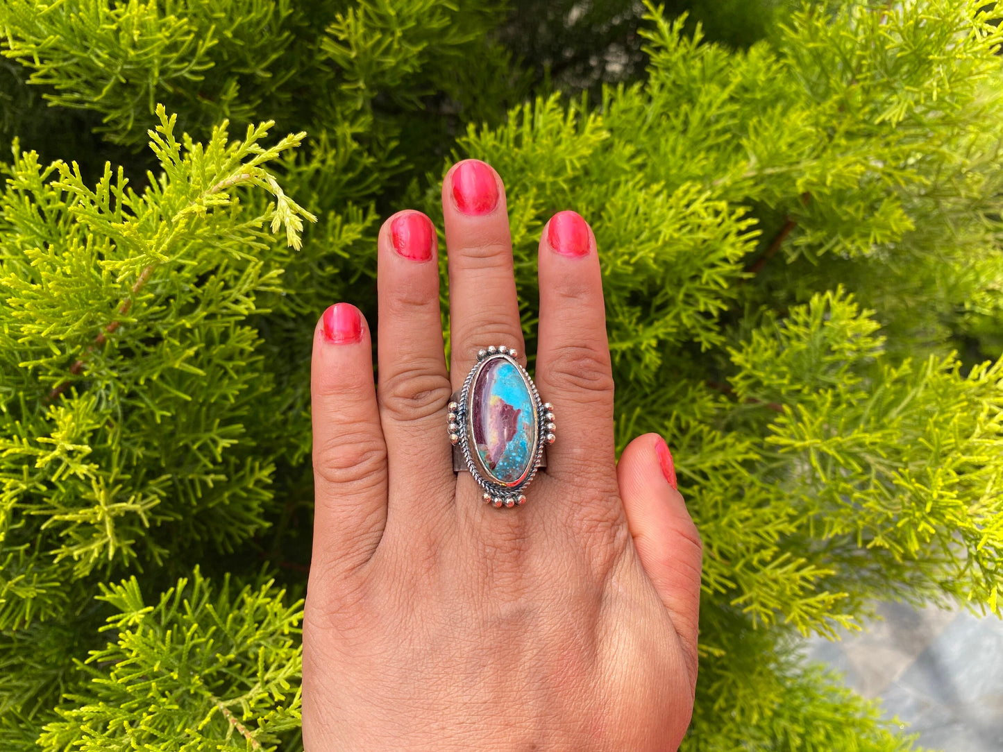 Big Adjustable Natural Turquoise with Spiny Oyster Ring | Two Tone Silver Overlay Brass Statement Ring, Hammered Aesthetic Elegant Jewelry