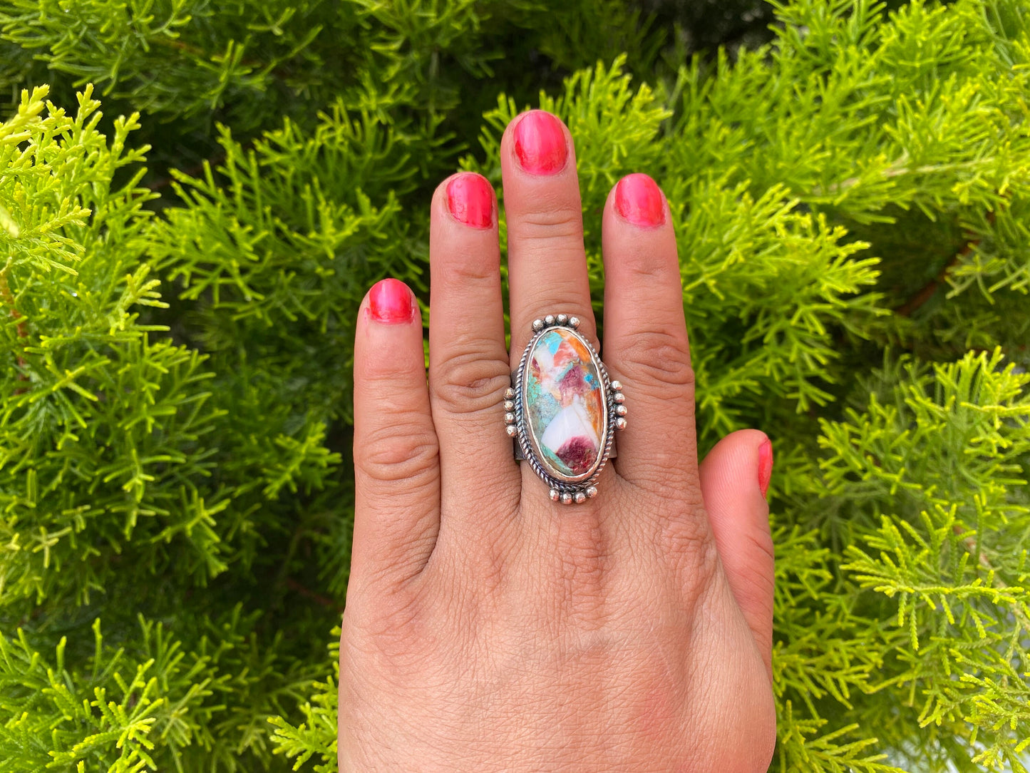 Big Adjustable Natural Turquoise with Spiny Oyster Ring | Two Tone Silver Overlay Brass Statement Ring, Hammered Aesthetic Elegant Jewelry