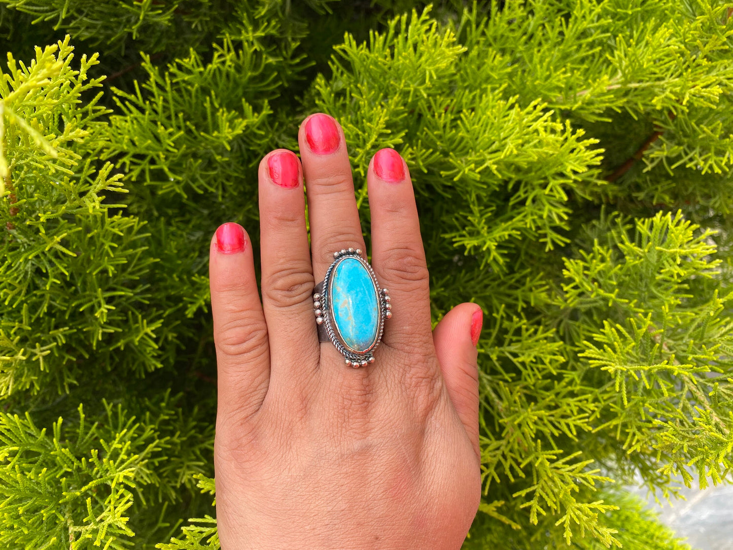 Big Adjustable Natural Turquoise with Spiny Oyster Ring | Two Tone Silver Overlay Brass Statement Ring, Hammered Aesthetic Elegant Jewelry