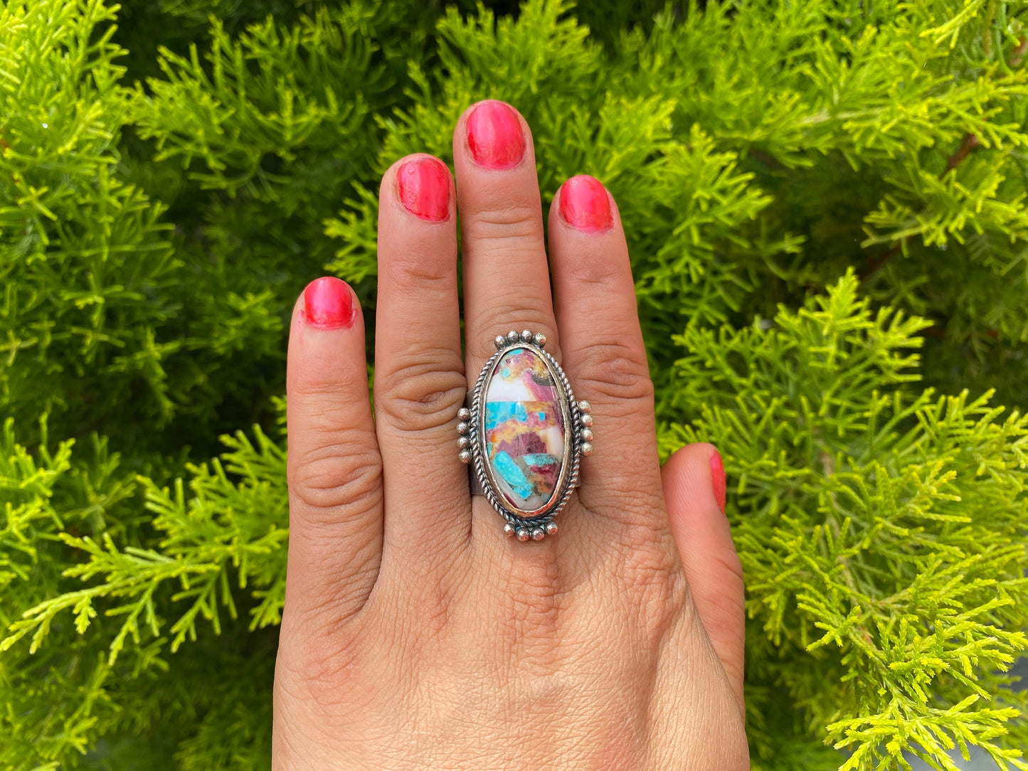 Big Adjustable Natural Turquoise with Spiny Oyster Ring | Two Tone Silver Overlay Brass Statement Ring, Hammered Aesthetic Elegant Jewelry