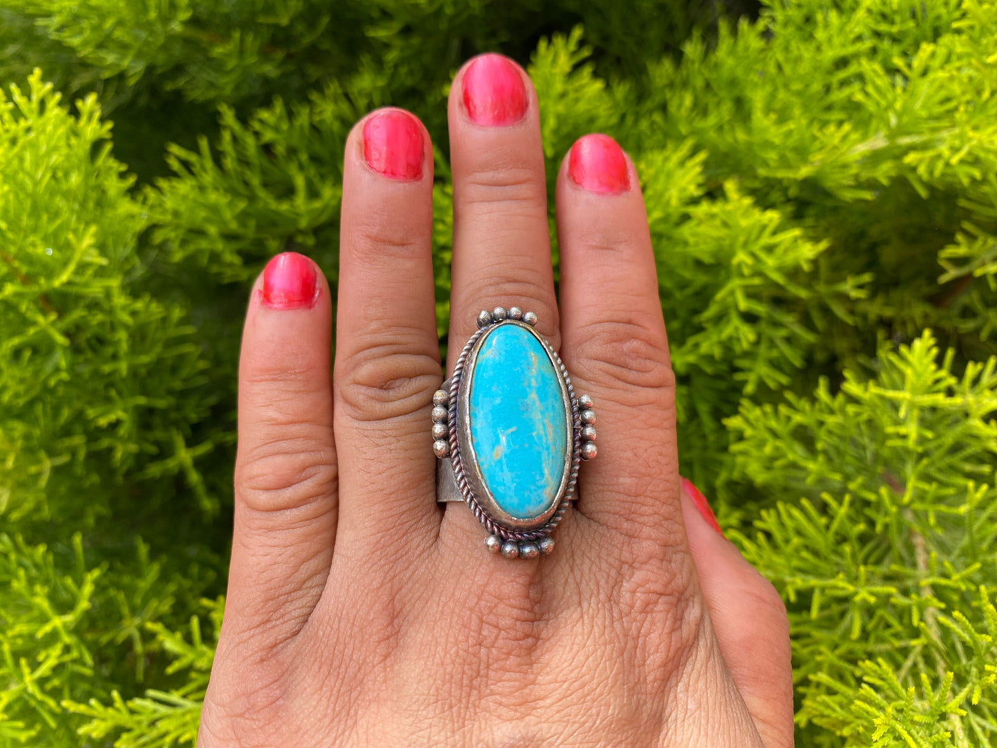 Big Adjustable Natural Turquoise with Spiny Oyster Ring | Two Tone Silver Overlay Brass Statement Ring, Hammered Aesthetic Elegant Jewelry